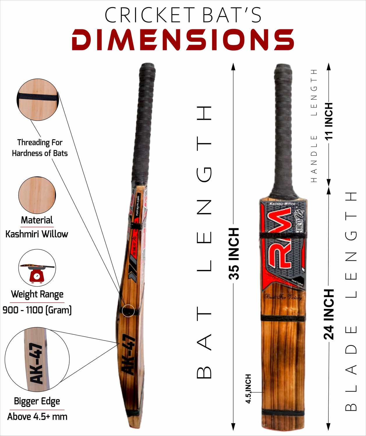 Image of RUDRAYM RM Burn Edition Red Kashmiri AK-47 Hard Tennis Ball Capsule Scoop Double Blade Kashmir Willow Cricket Bat For 15+ Yrs