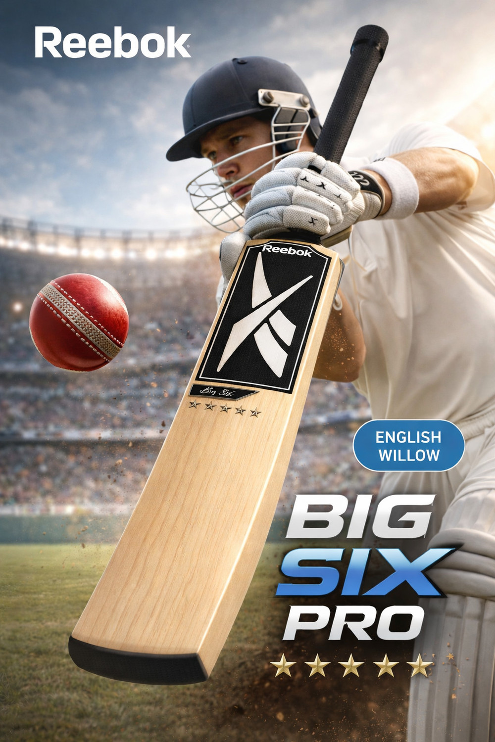 Image of REEBOK Big Six Pro English Willow Cricket Bat For 15+ Yrs