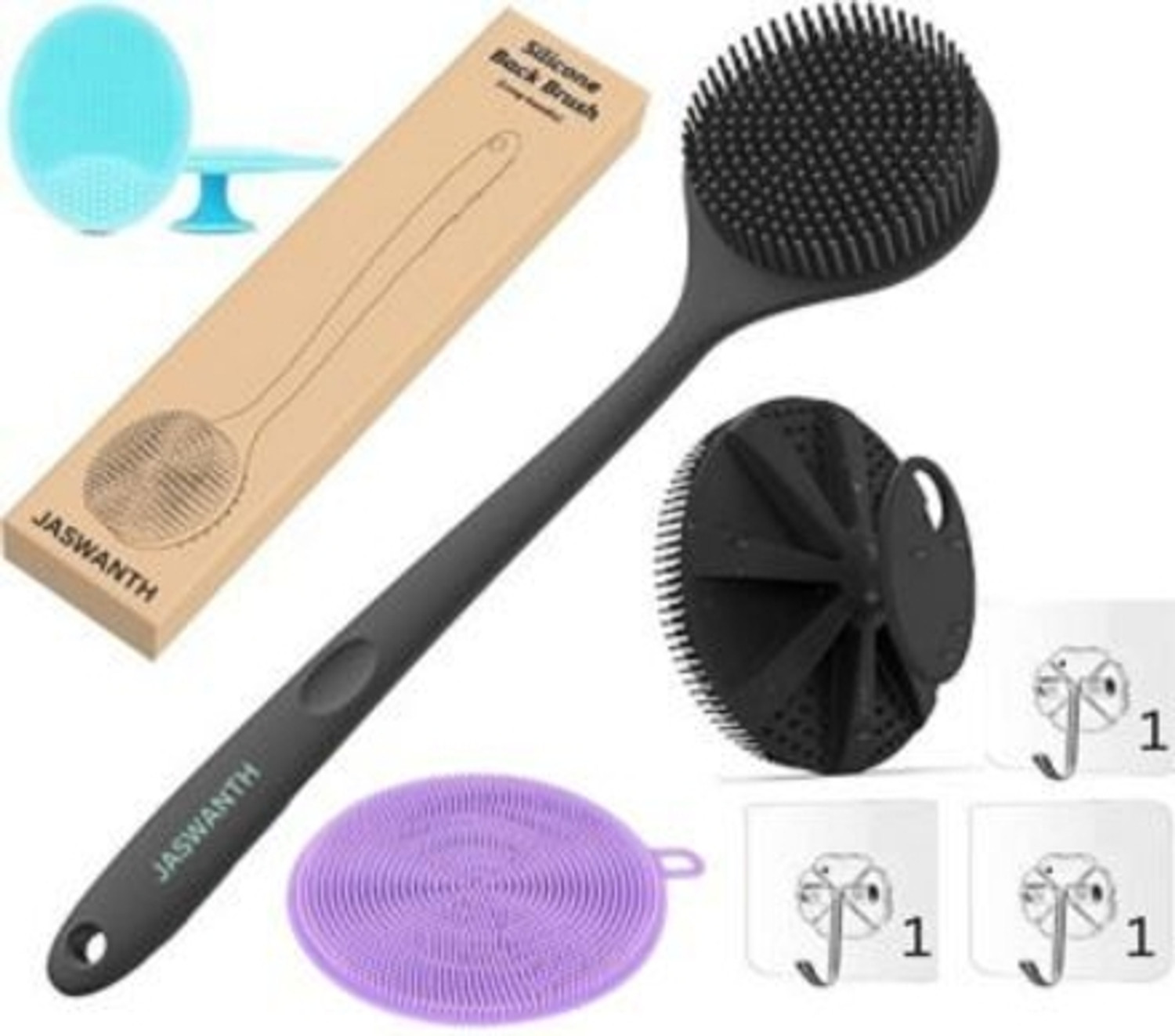 Image of JASWANTH Silicon Shower Bath BackBrush+Body Scrubber+Scalp Massager+Face Scrubber+Hooks-3