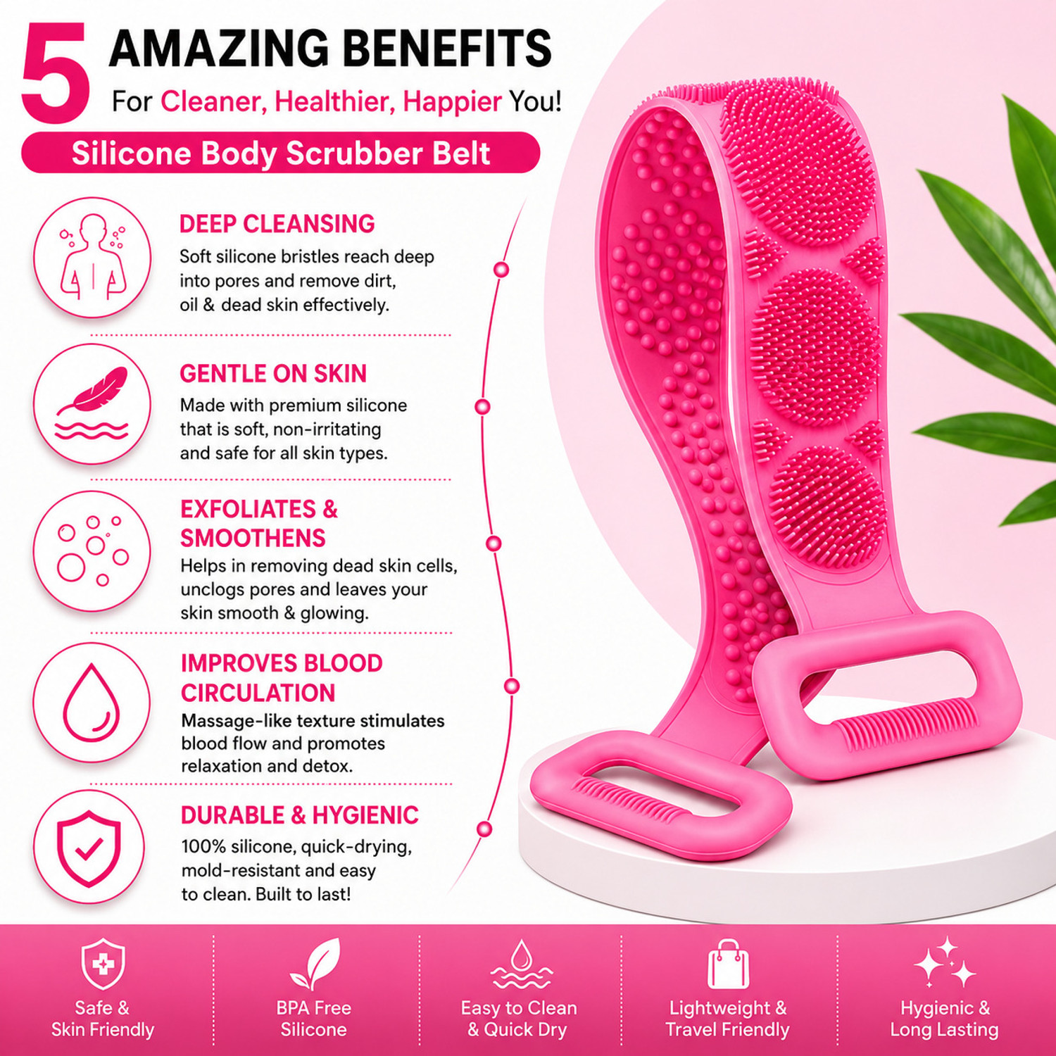T&T Silicone Body Scrubber Belt for Bath | Back & Body Exfoliating Shower Brush