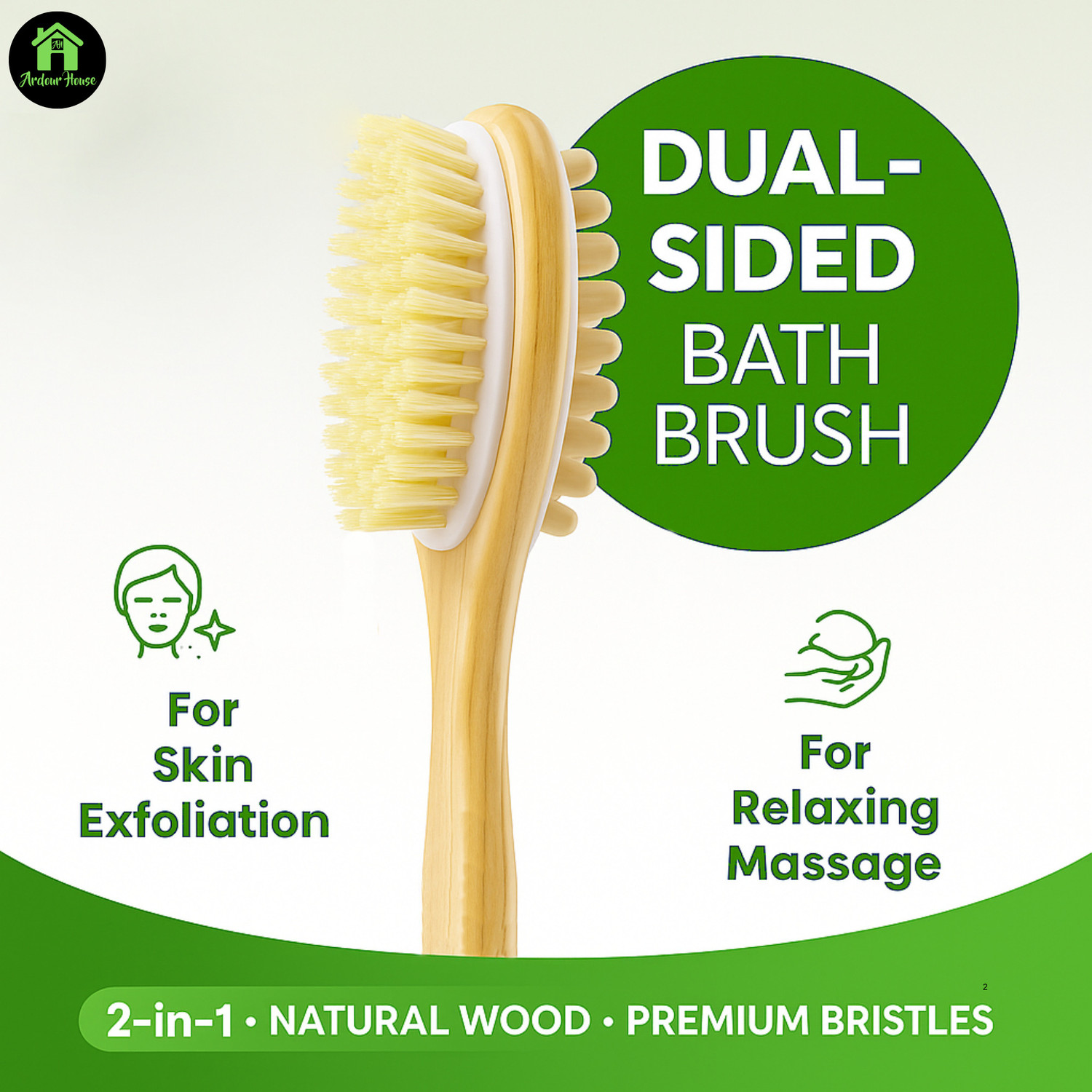 Image of Ardour House Double-sided Wooden Bath Brush with Long Handle - Wet & Dry Brushing Exfoliation