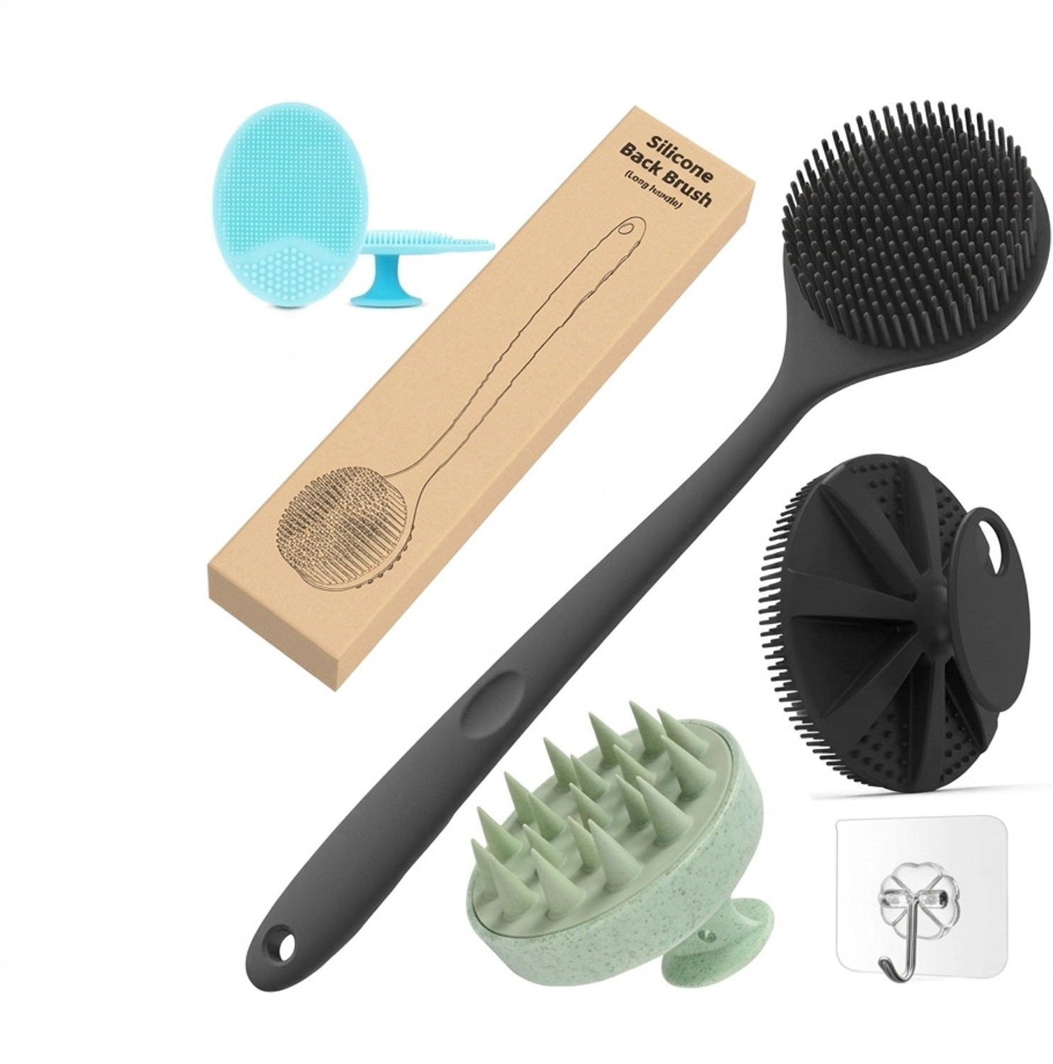 Image of Primewell Silicon Shower Bath Back Brush+Body Scrubber+Scalp Massager+Face Scrubber+Hooks