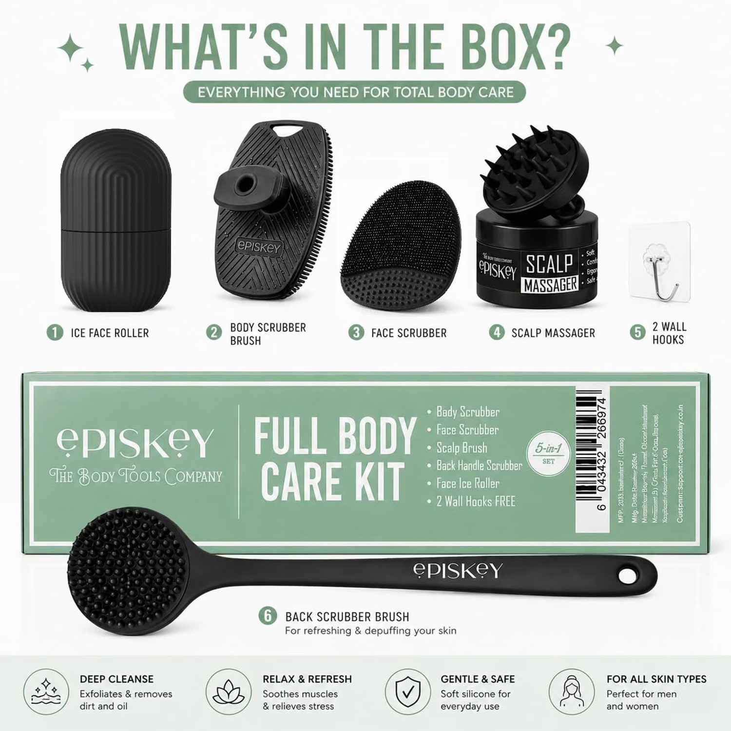 Image of Episkey 5 in 1 Bath Combo Set- Exfoliating Body Scrubber, Scalp Massager & Ice Roller