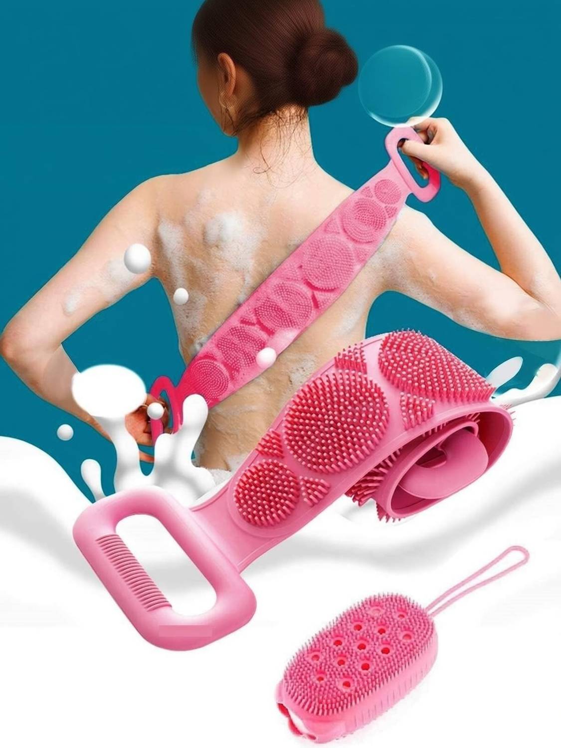 BeeDuck Combo Of Silicone Body Scrubber And Bath Brush with Soap Dispenser | Bath Body Cleaning Belt | Skin Brush Belt For Skin | Bathing | Body Dirt Removal