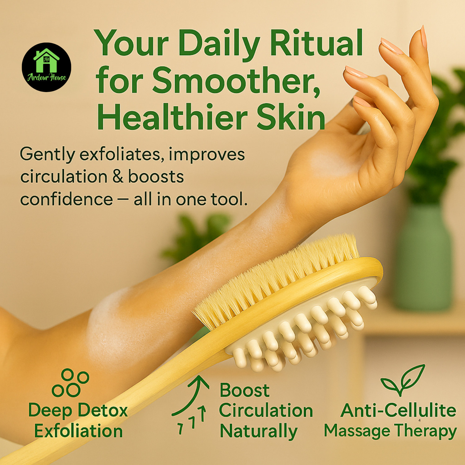 Image of Ardour House Double-sided Wooden Bath Brush with Long Handle - Wet & Dry Brushing Exfoliation