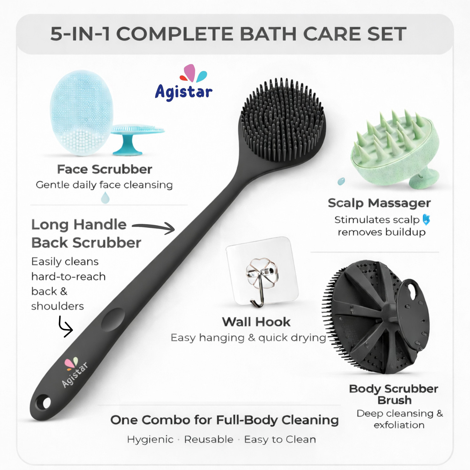 Image of Agistar Silicon Shower Bath Back Brush+Body Scrubber+Scalp Massager+Face Scrubber+Hooks