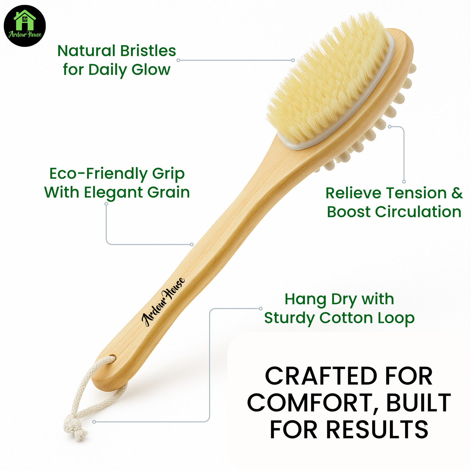 Image of Ardour House Double-sided Wooden Bath Brush with Long Handle - Wet & Dry Brushing Exfoliation