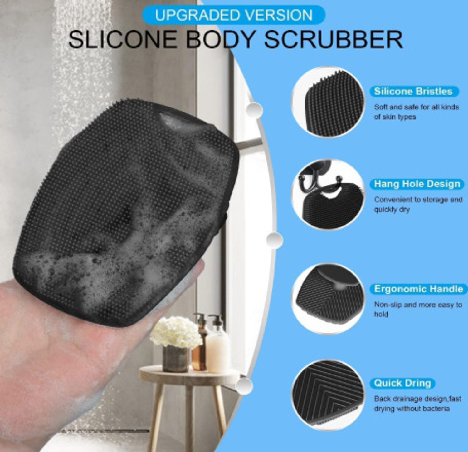 Image of TRACKHILLS 5 in 1 Silicone Back Scrubber & Exfoliating Body Scrubber & Shower Brush Combo