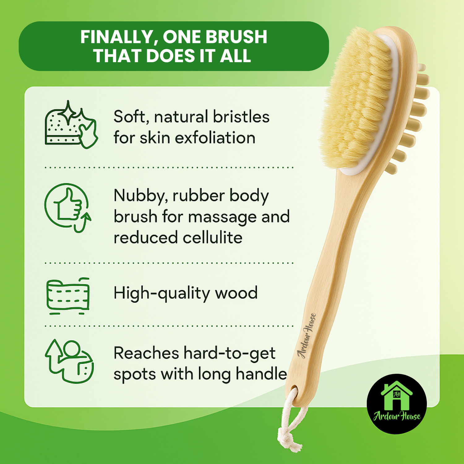 Image of Ardour House Double-sided Wooden Bath Brush with Long Handle - Wet & Dry Brushing Exfoliation