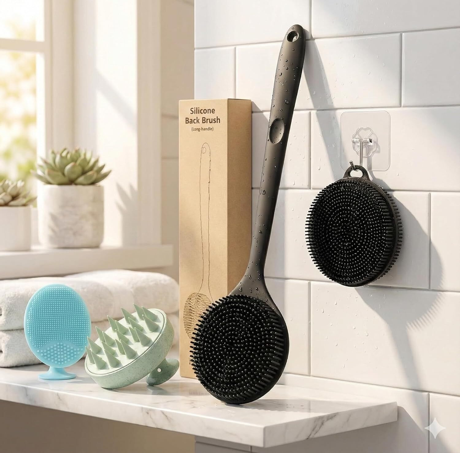 Image of Alvita Soft Silicone Back Scrubber Long Handle Bath Brush + Body Scrubber Bath Brush + Scalp Massager for Hair + Face Scrubber Brush,