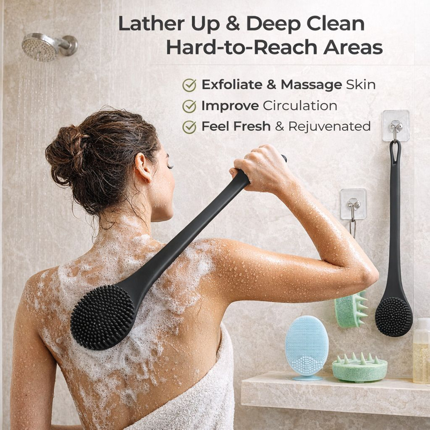 Image of Agistar Silicone Bath Scrubber 5 in 1 Back Brush Body Exfoliating Scalp Face Cleaner Set
