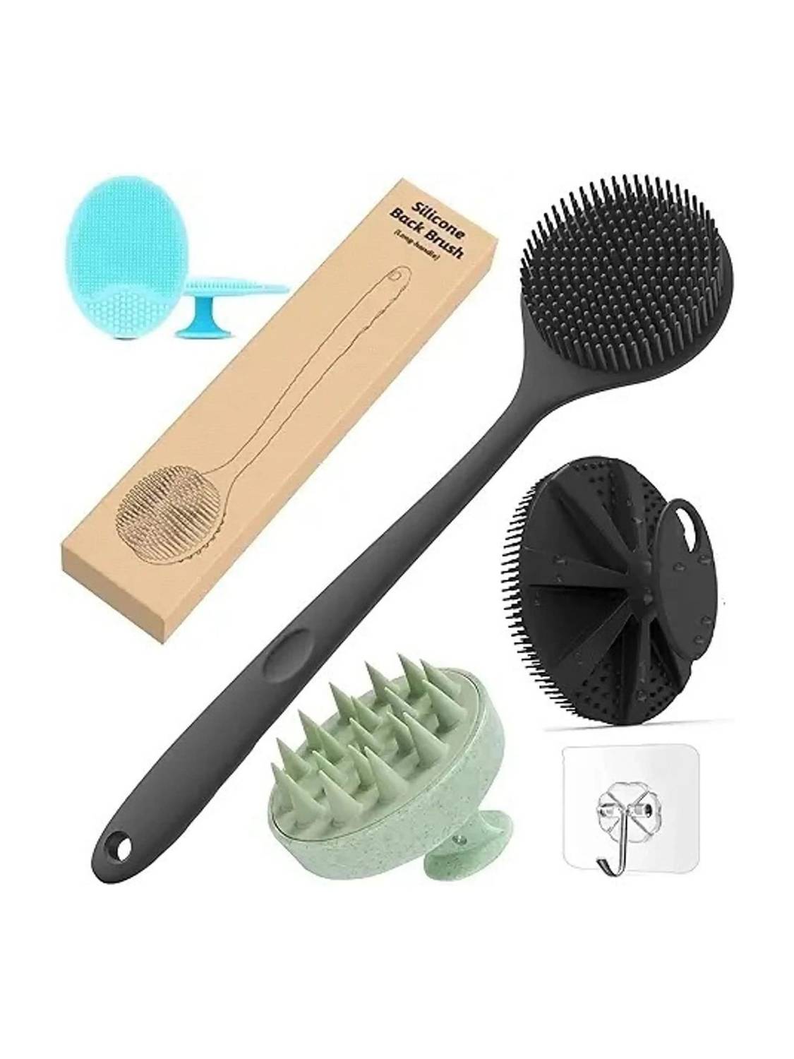 ABRL 5 in 1 Silicone Bath Brush Combo Set | Long Handle Back Scrubber & Body Massager