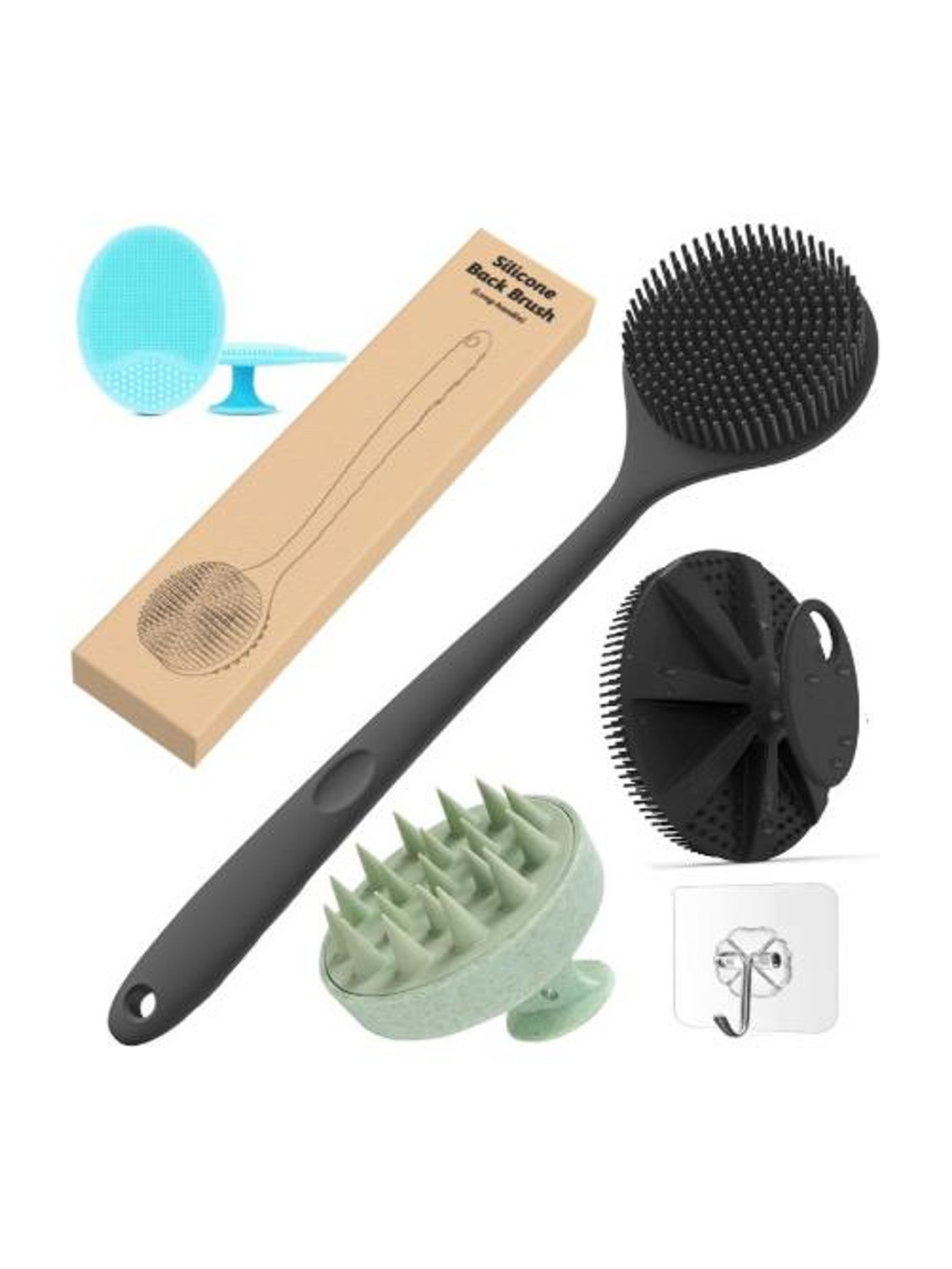 TRACKHILLS 5-in-1 Soft Silicone Bath Brush Set|Long Handle Brush+Body Scrubber+Scalp+Hook