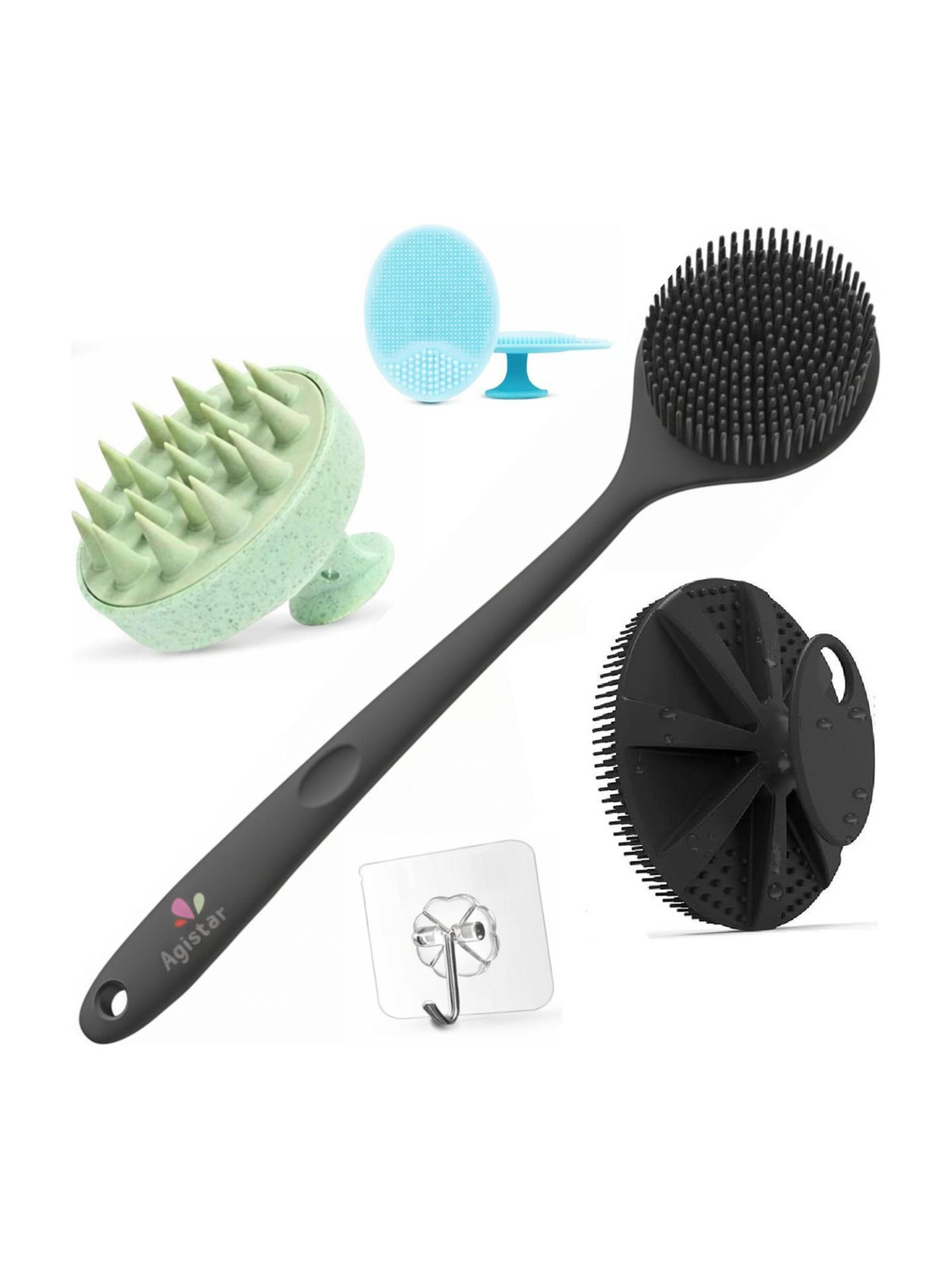 Image of Agistar Silicone Bath Scrubber 5 in 1 Back Brush Body Exfoliating Scalp Face Cleaner Set