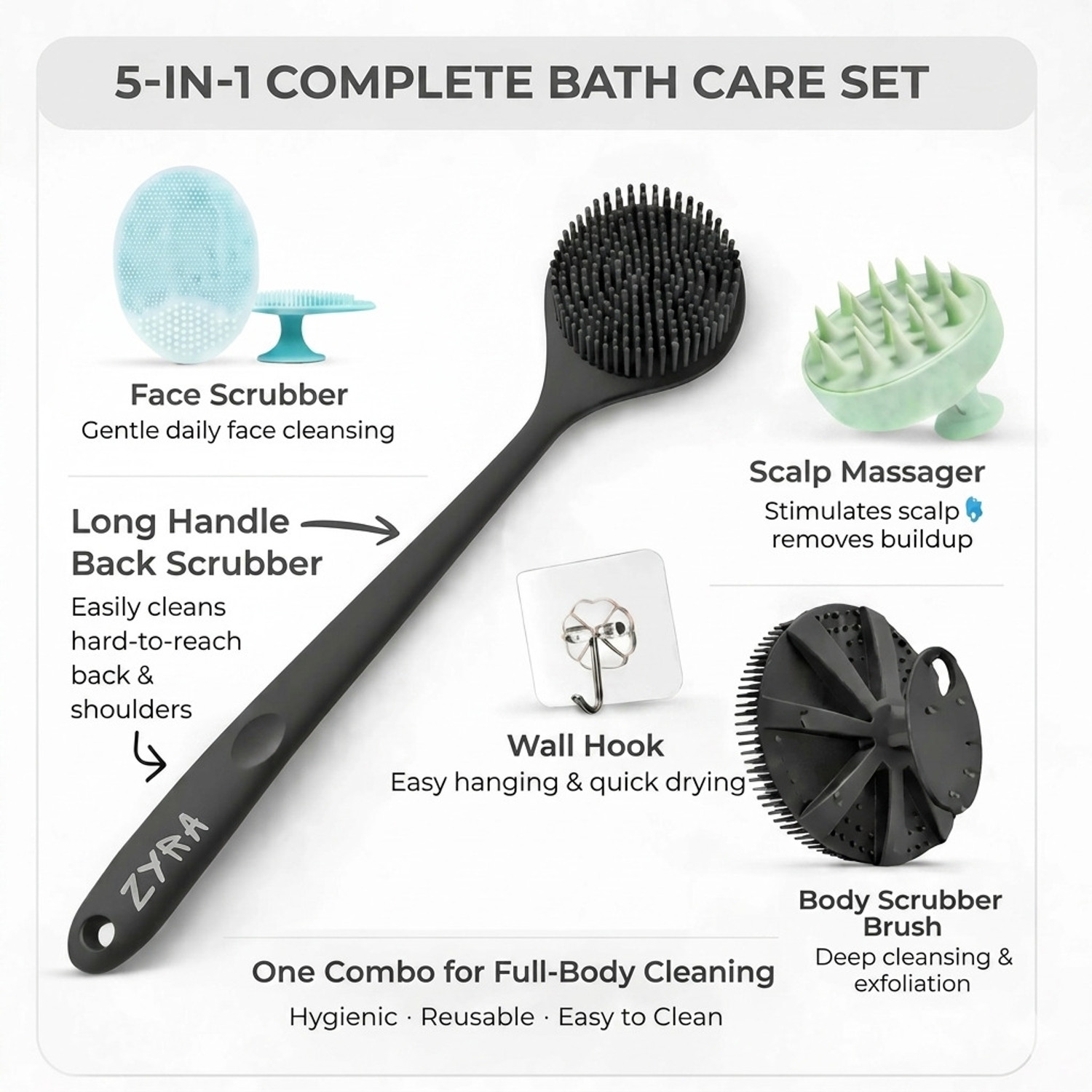 Image of Primewell Silicon Shower Bath Back Brush+Body Scrubber+Scalp Massager+Face Scrubber+Hooks