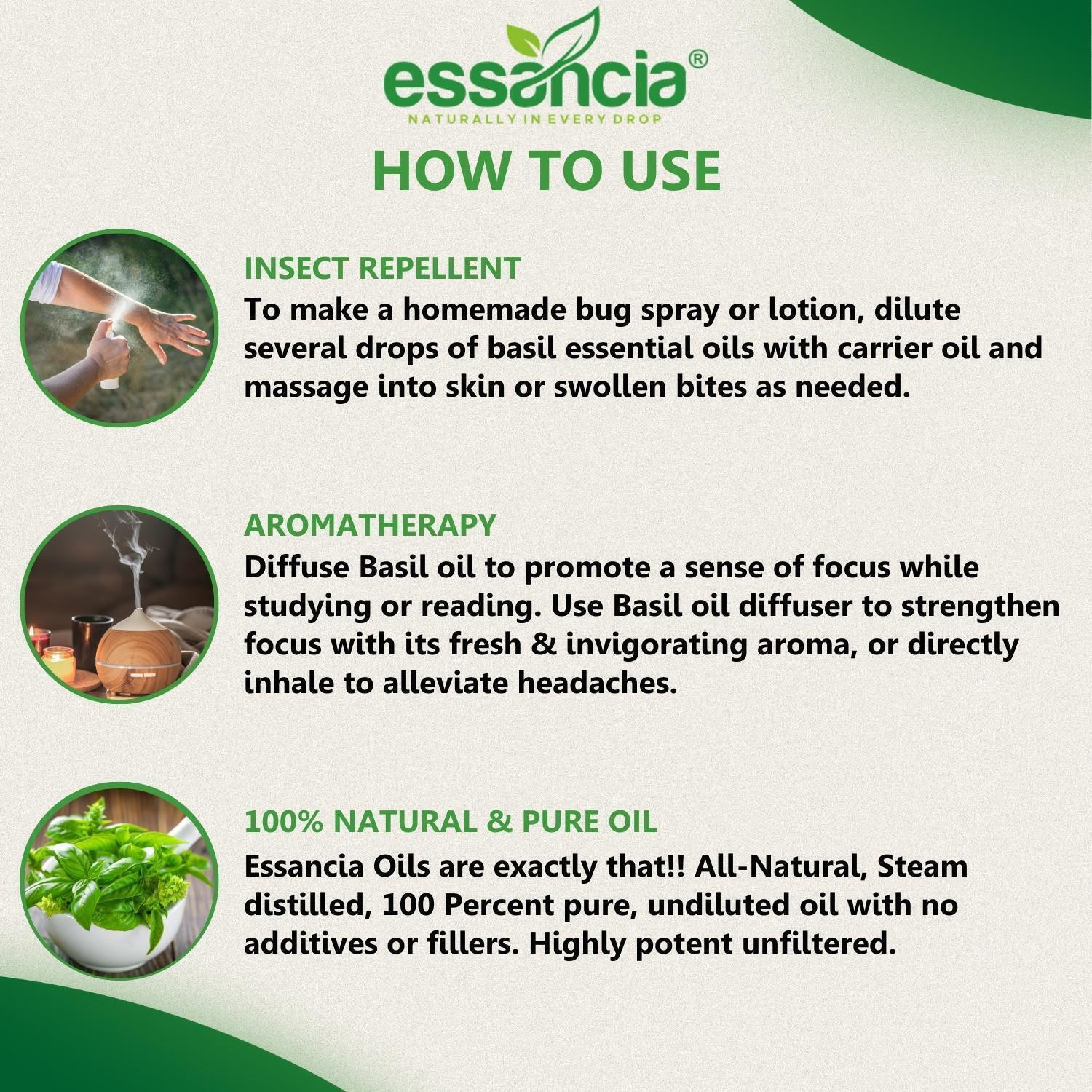 Image of essancia Basil Essential Oil For Hair Care, Skin Care, Face, Mosquito Bites, Body Massage, Insect-Repellent, Difffuser & Aromatherapy. 100% Natural, Undiluted, Pure & Therapeutic Grade Essential Oil.