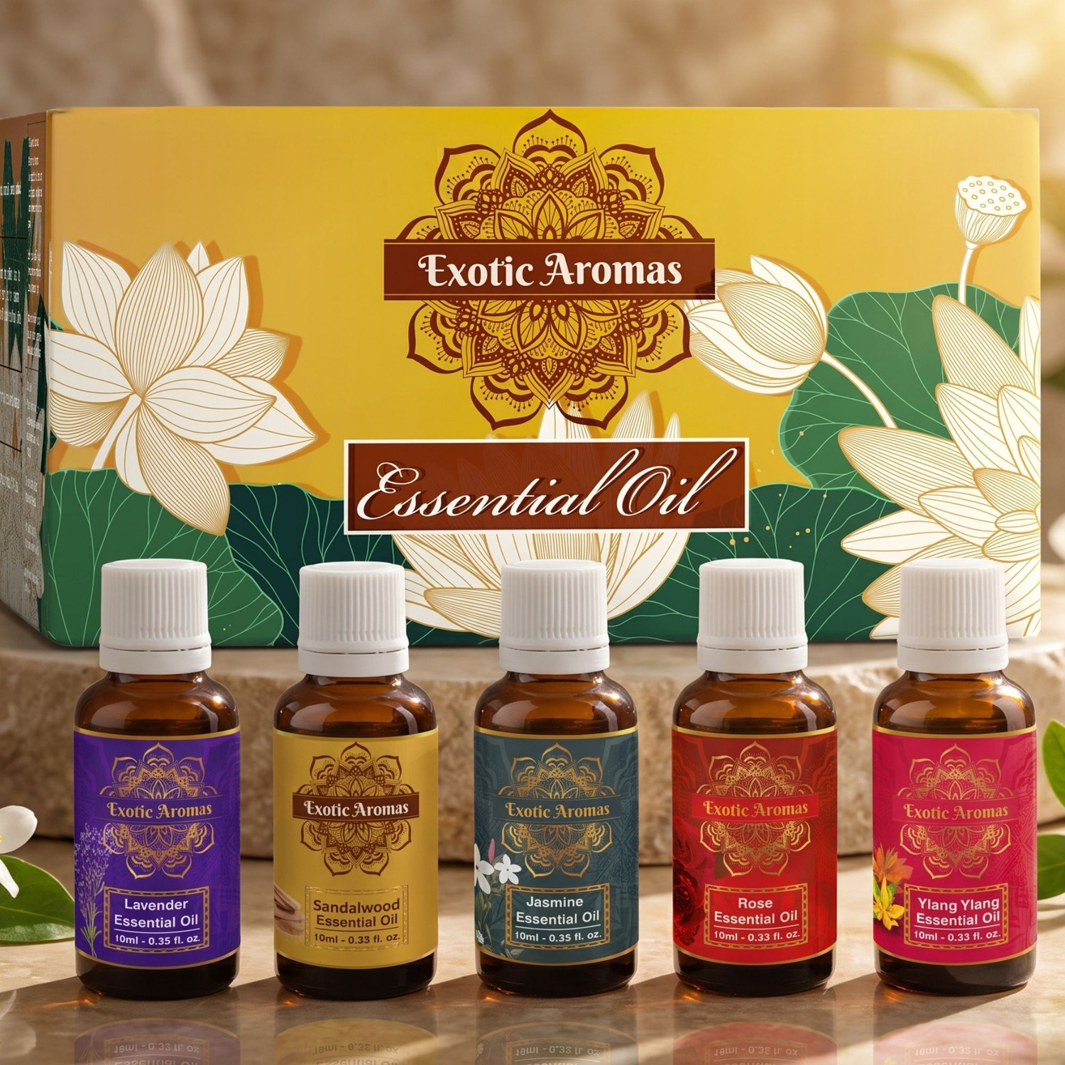 Exotic Aromas Essential Oil - Lavender, Sandalwood, Jasmine, Rose, Ylang Ylang (Pack of 5)