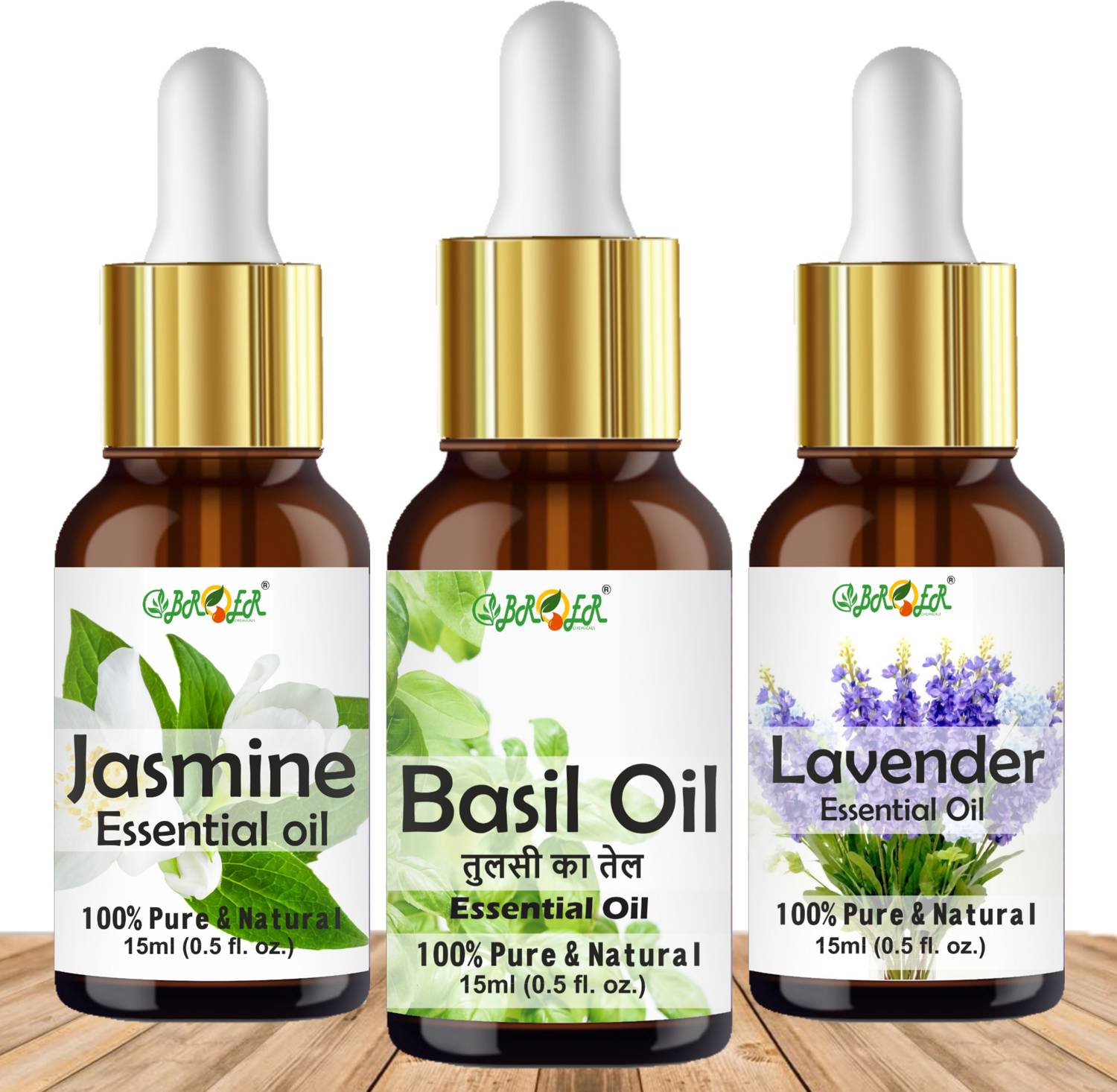 BROER Jasmine Oil, Basil (Tulsi) Oil & Lavender Oil Natural & Pure Essential Oils Kit