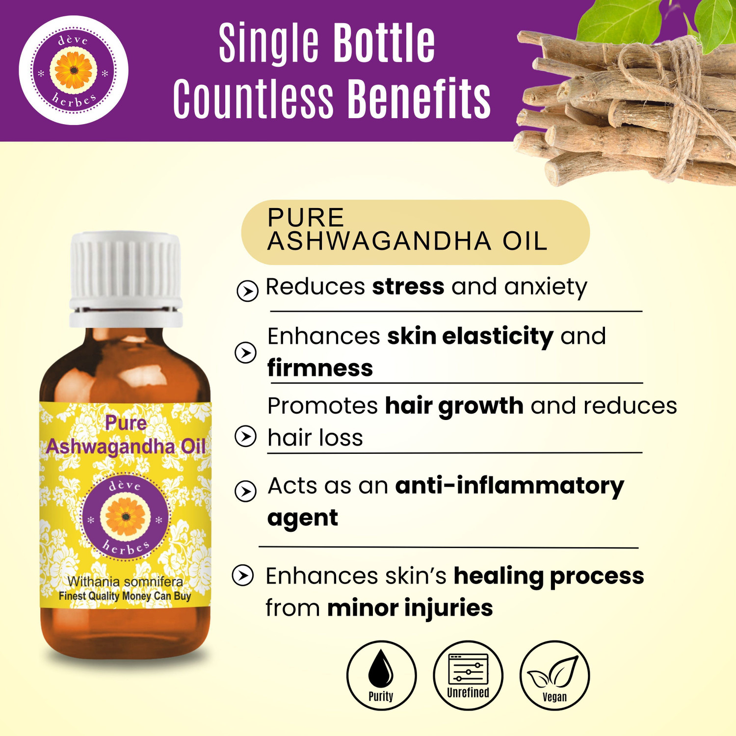 Image of deve herbes Pure Ashwagandha Oil (Withania somnifera) 100% -Natural Therapeutic Grade