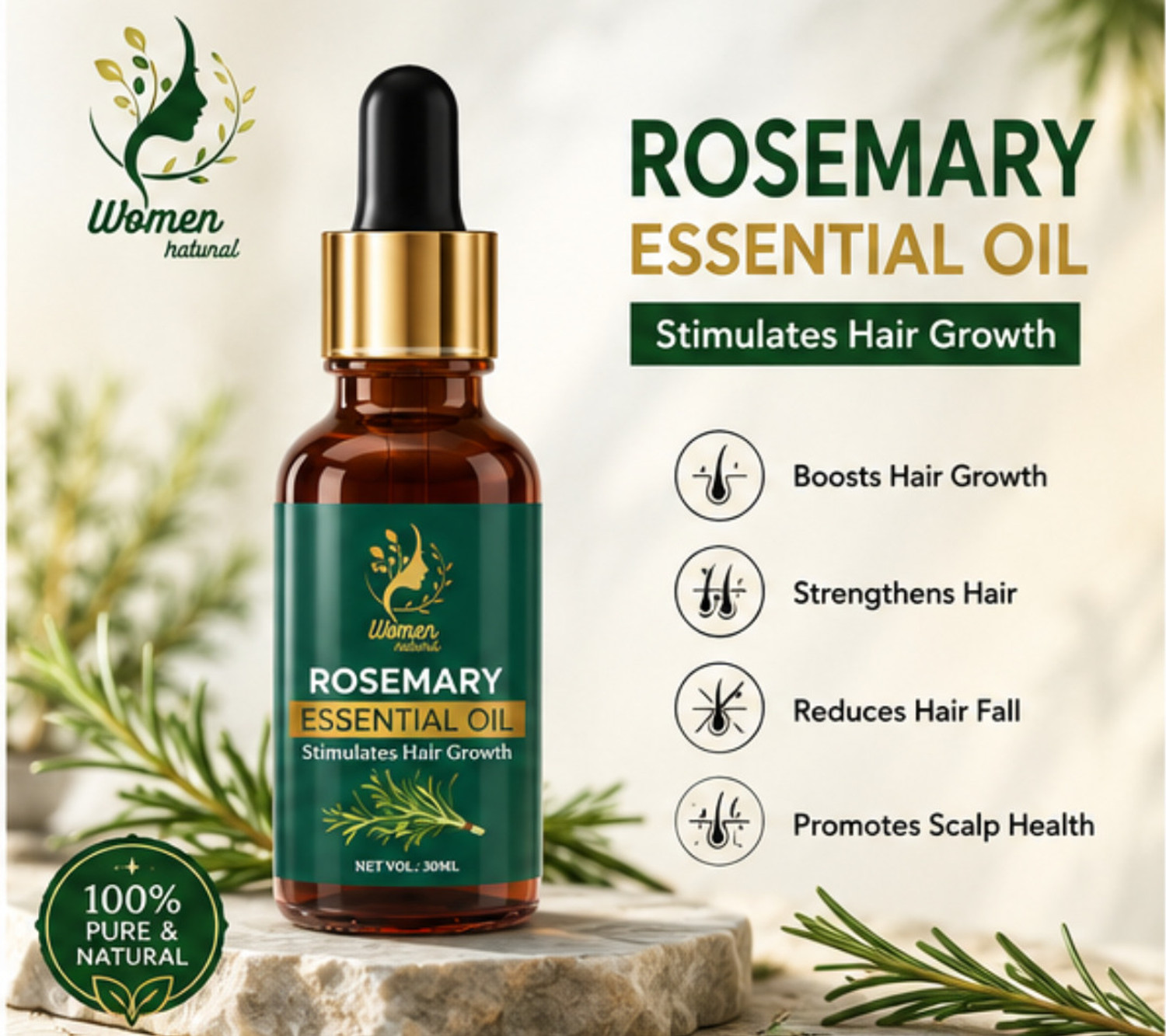 Image of women natural Rosemary Essential Oil 100% Premium & Pure For Skin and Hair, Hair Growth