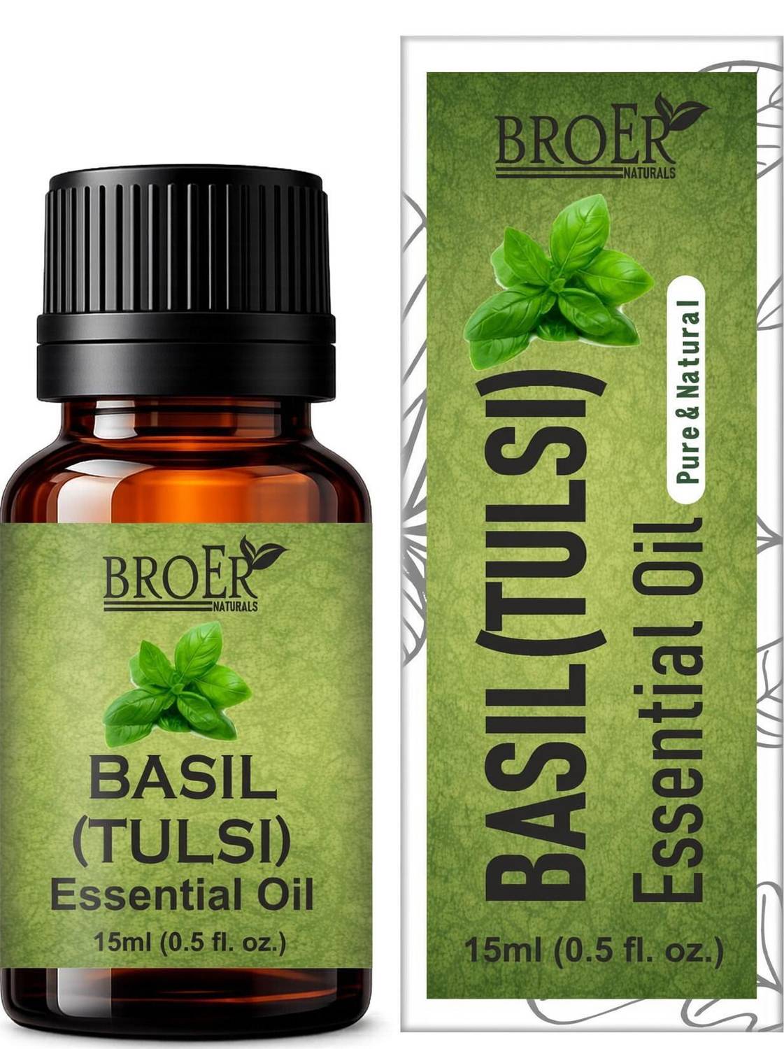 BROER Basil Tulsi Essential Oil Pure Steam Distilled for Aromatherapy & Massage