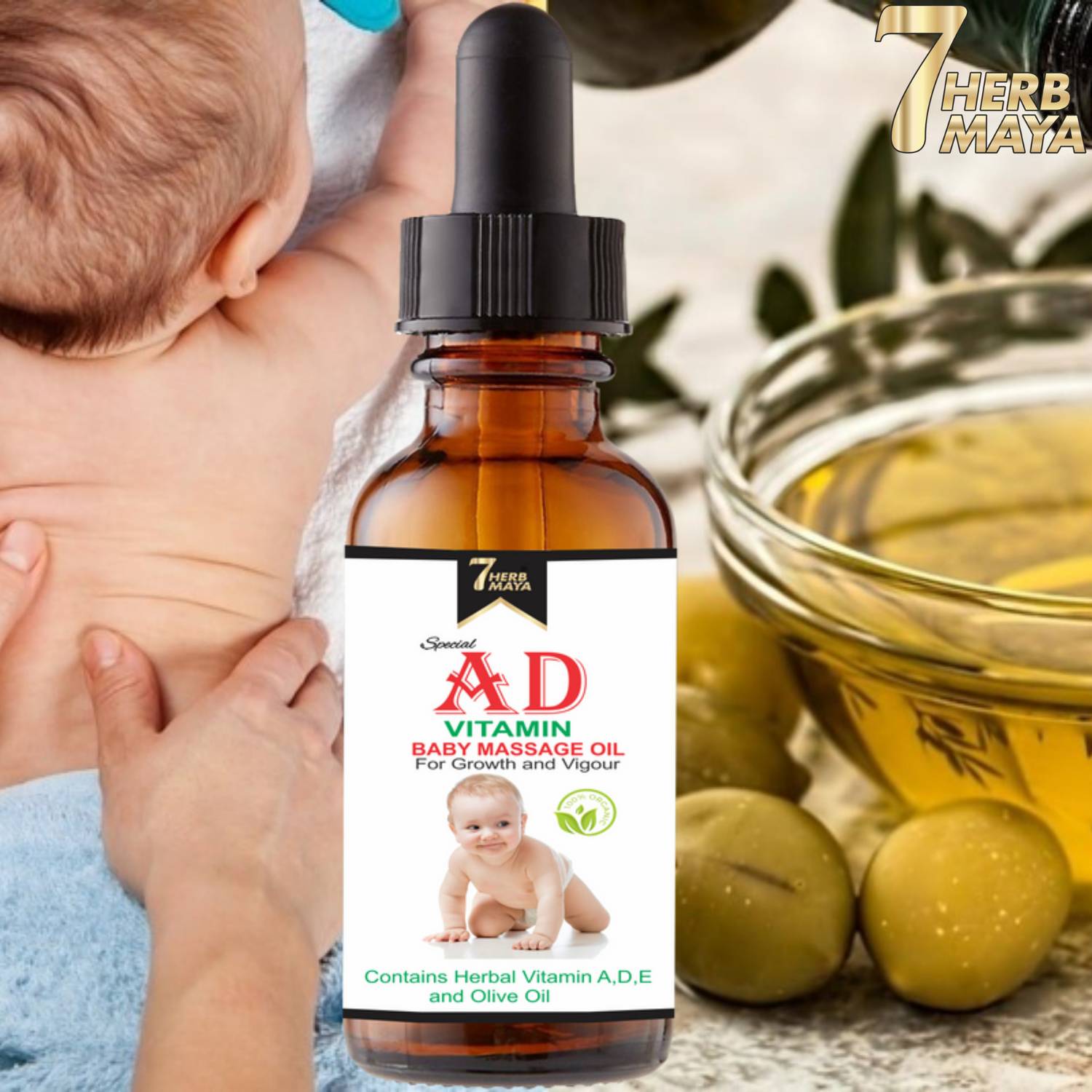 7Herbmaya AD Vitamin Baby Massage Oil/Strengthen bone and muscle, smoothen skin 100% safe