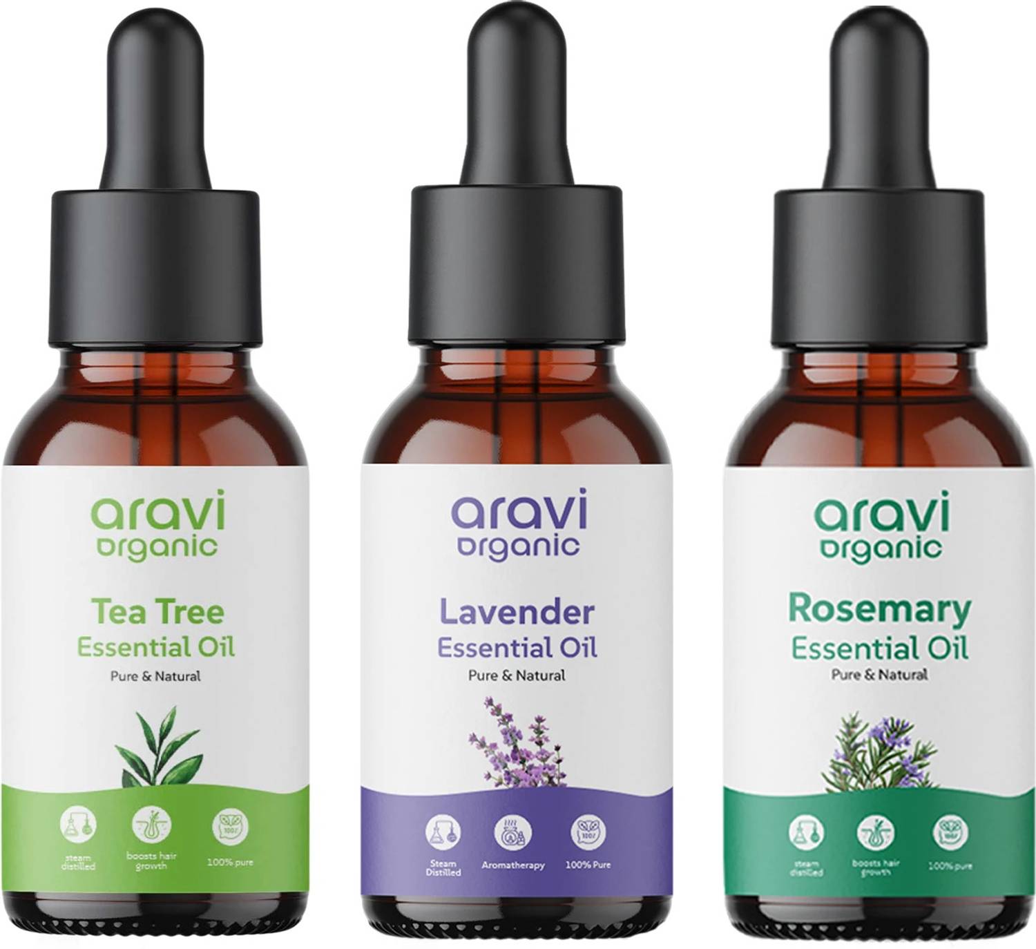 Aravi Organic 100% Pure Rosemary,Lavender And Tea Tree Essential Oil For Hair & Skin Care