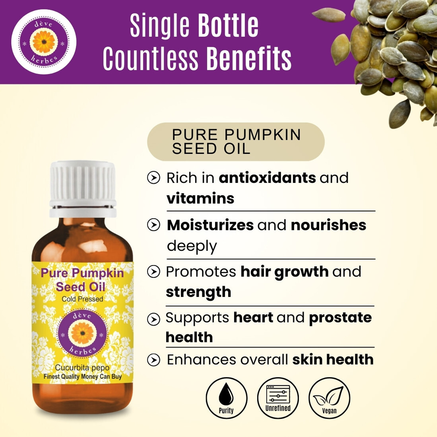 Image of deve herbes Pure Pumpkin Seed Oil (Cucurbita pepo) 100% Natural Therapeutic Grade Cold Pressed