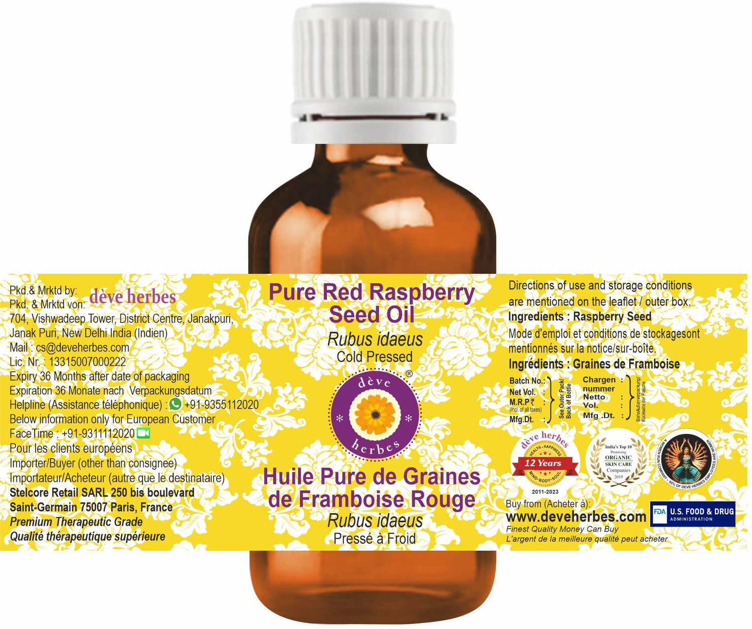 Image of deve herbes Pure Red Raspberry Seed Oil (Rubus idaeus) 100% Natural Therapeutic Grade Cold Pressed