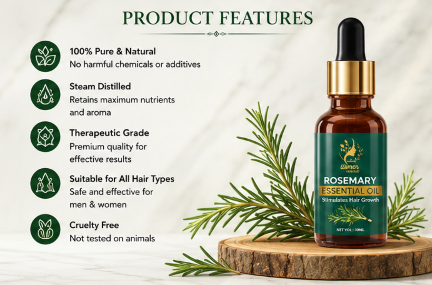 Image of women natural Rosemary Essential Oil 100% Premium & Pure For Skin and Hair, Hair Growth