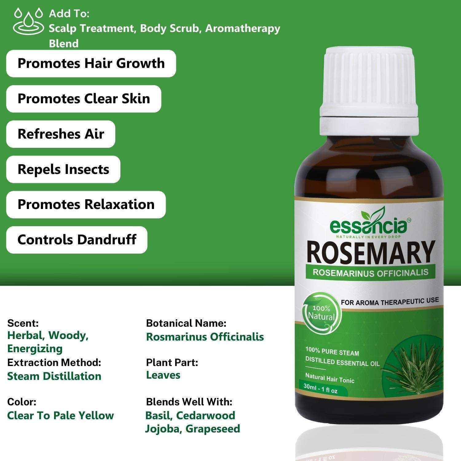 Image of essancia Rosemary Essential Oil For Hair Growth, Skin Care, Body, and Aromatherapy - Topical for Thin Hair, Oily Skin. 100% Pure, Natural, Undiluted and Therapeutic Grade Essential Oil