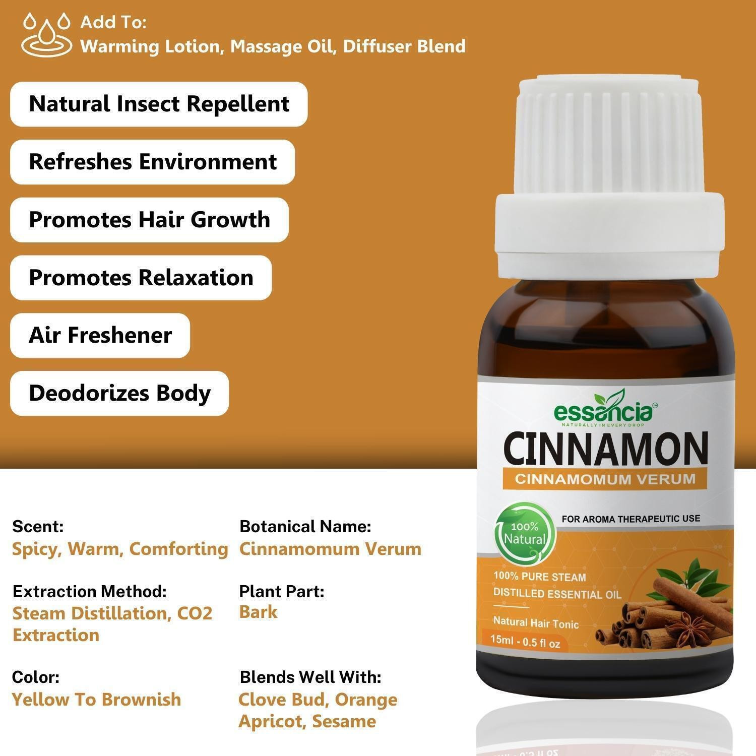 Image of essancia Cinnamon Essential Oil For Hair, Massage, Skin, Face, Body, Soap Making, Lips, Teeth, Difffuser & Aromatherapy. 100% Natural, Undiluted, Pure & Therapeutic Grade Essential Oil.