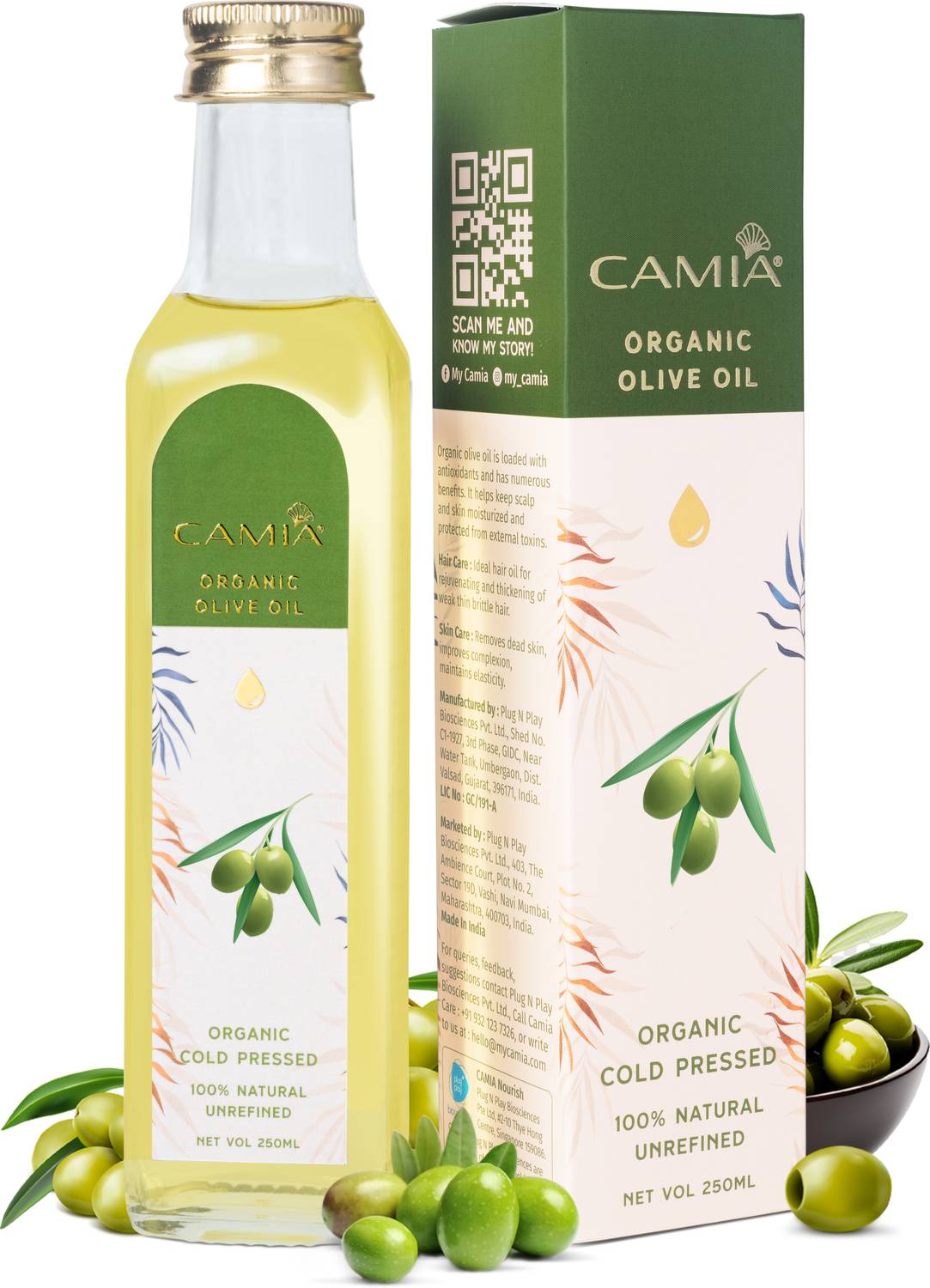 CAMIA 100% Pure, Unrefined, Organic Cold Pressed Olive Oil for Skin, Face and Hair