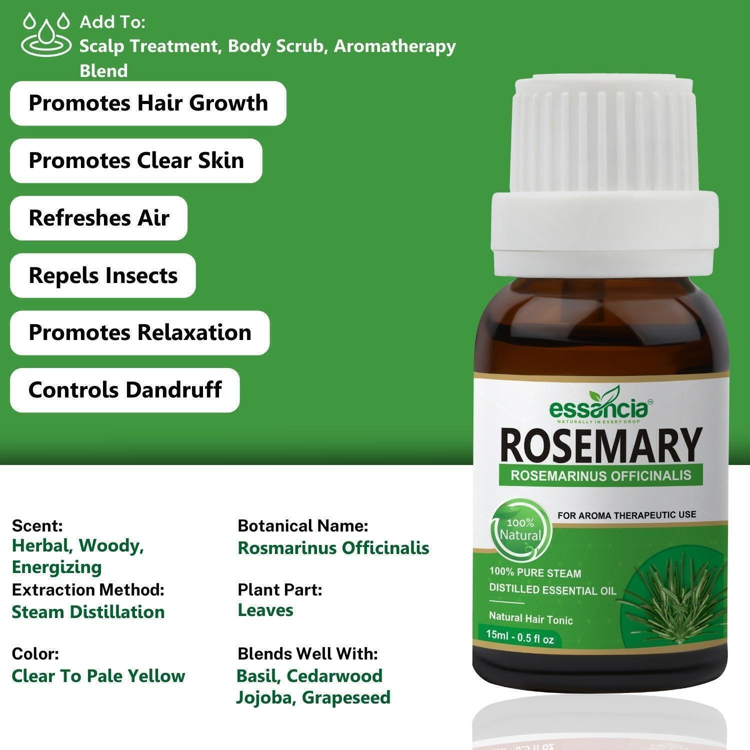 Image of essancia Rosemary Essential Oil For Hair Growth, Skin Care, Body, and Aromatherapy - Topical for Thin Hair, Oily Skin. 100% Pure, Natural, Undiluted and Therapeutic Grade Essential Oil