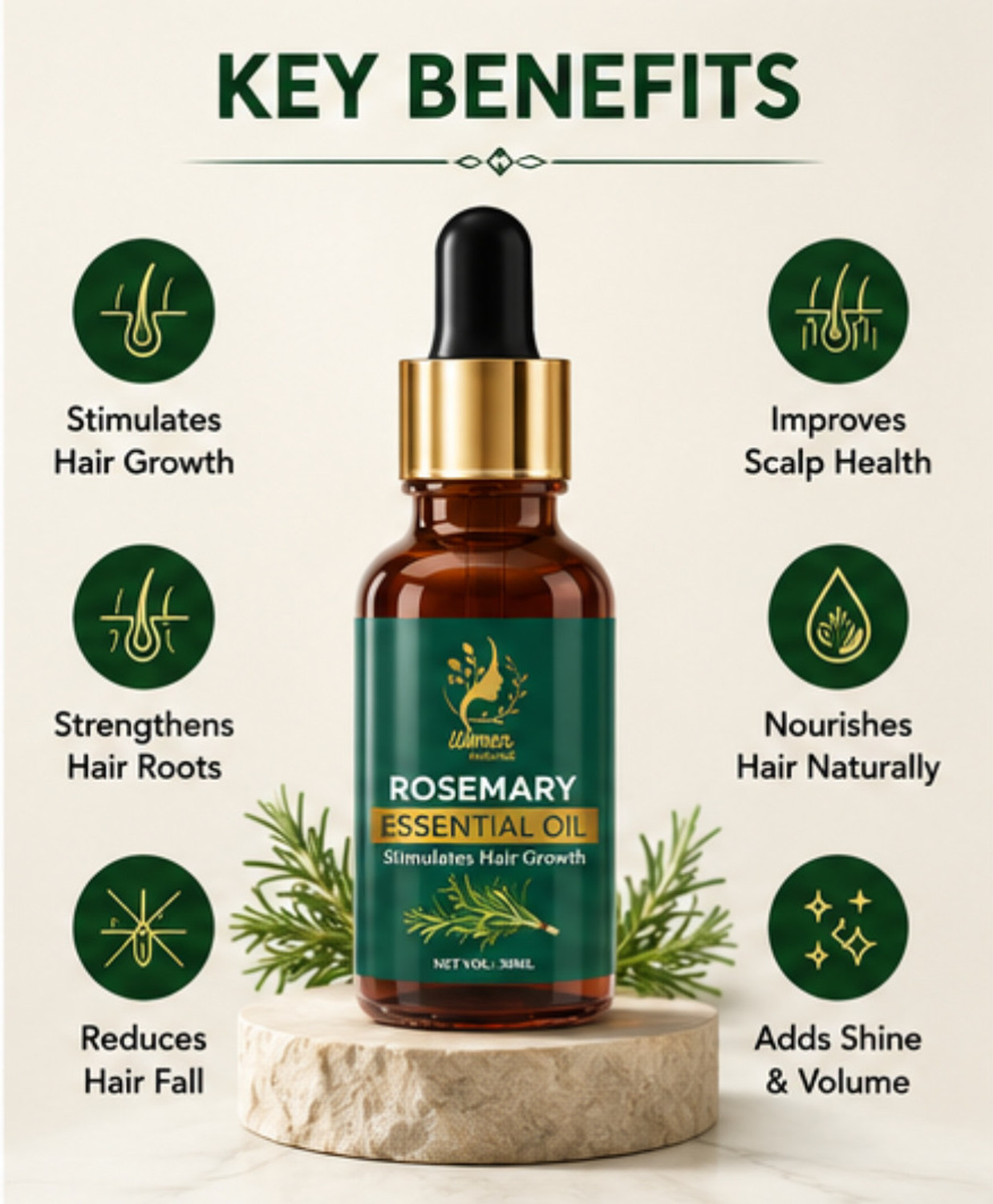Image of women natural Rosemary Essential Oil 100% Premium & Pure For Skin and Hair, Hair Growth