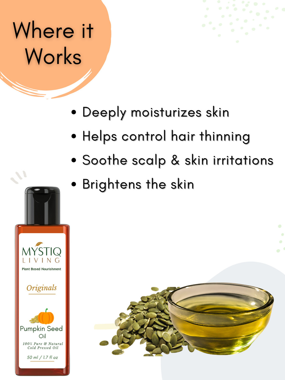 Image of Mystiq Living Pumpkin Seed Oil - 100% Pure Cold Pressed for Hair, Skin and Body (50 ml)
