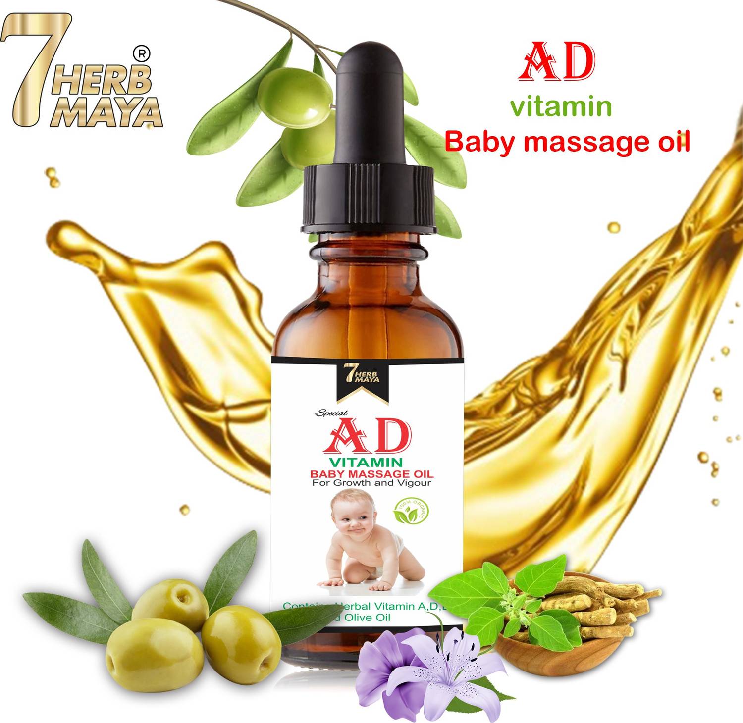 7Herbmaya AD Vitamin Baby Massage Oil for Healthy Baby Massage