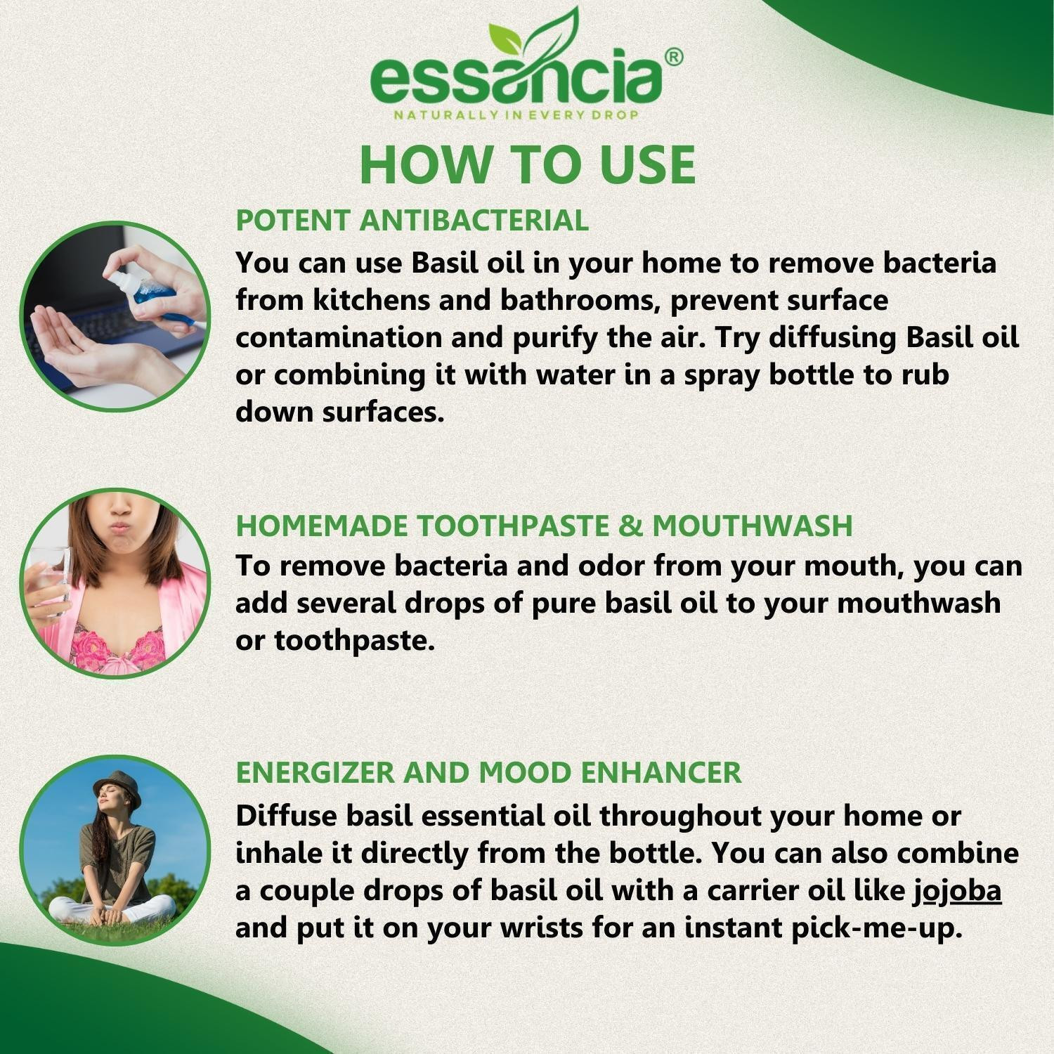 Image of essancia Basil Essential Oil For Hair Care, Skin Care, Face, Mosquito Bites, Body Massage, Insect-Repellent, Difffuser & Aromatherapy. 100% Natural, Undiluted, Pure & Therapeutic Grade Essential Oil.