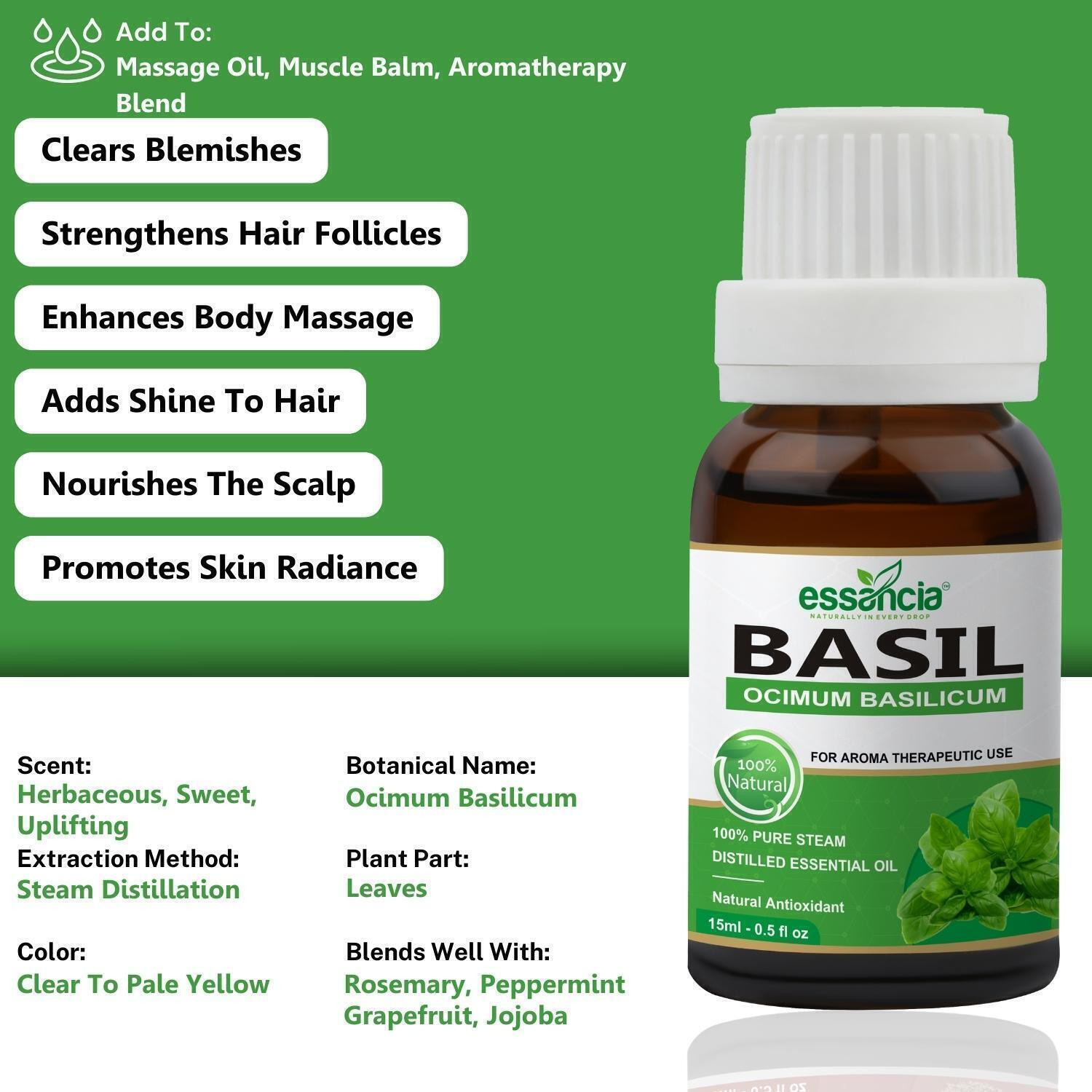 Image of essancia Basil Essential Oil For Hair Care, Skin Care, Face, Mosquito Bites, Body Massage, Insect-Repellent, Difffuser & Aromatherapy. 100% Natural, Undiluted, Pure & Therapeutic Grade Essential Oil.