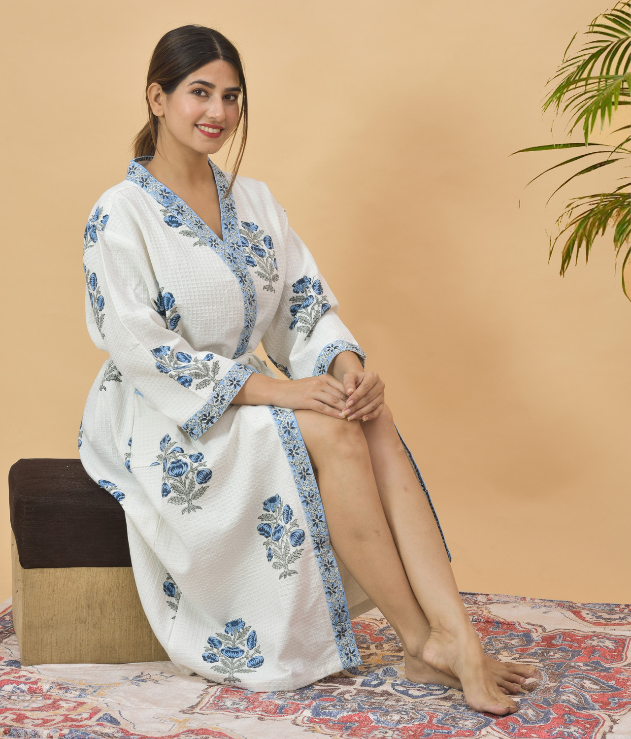 Image of NISHIRE Blue Flower Rose Free Size Bath Robe