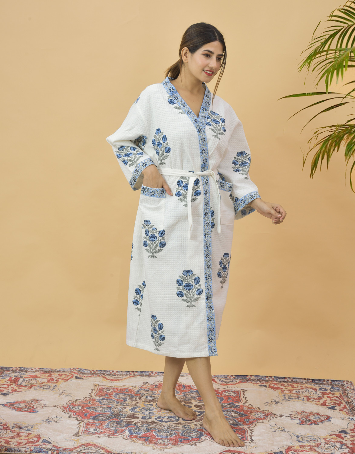 Image of NISHIRE Blue Flower Rose Free Size Bath Robe