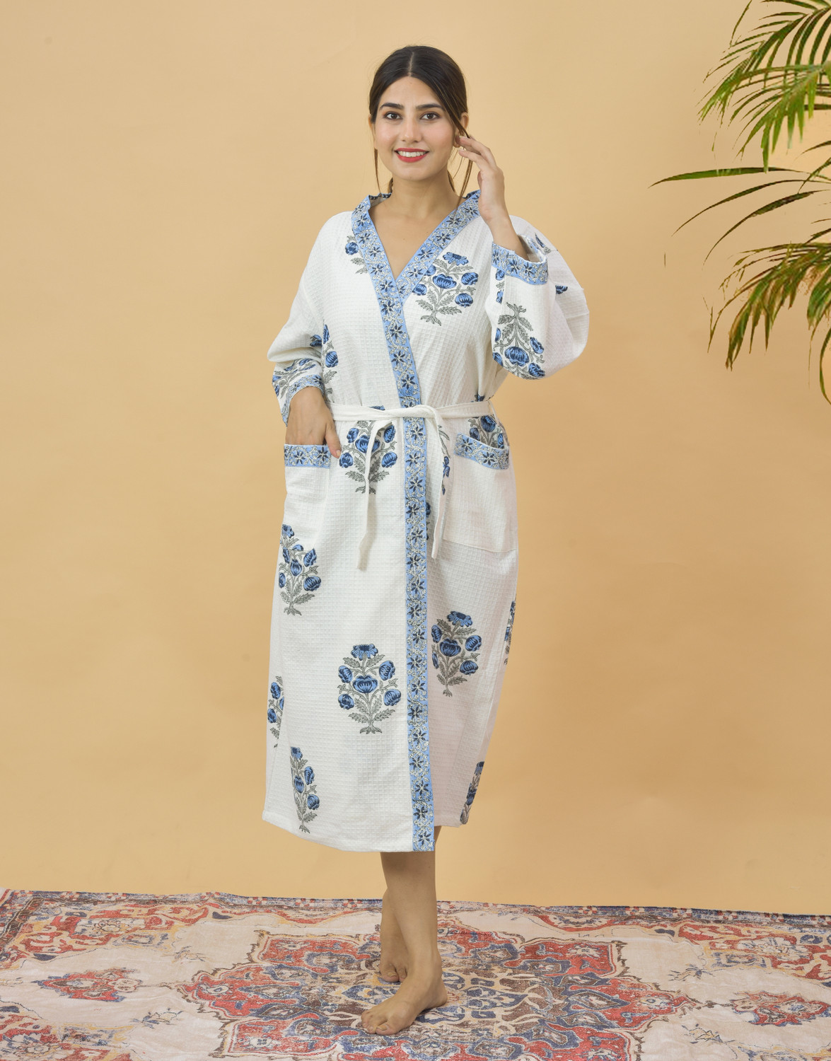 Image of NISHIRE Blue Flower Rose Free Size Bath Robe
