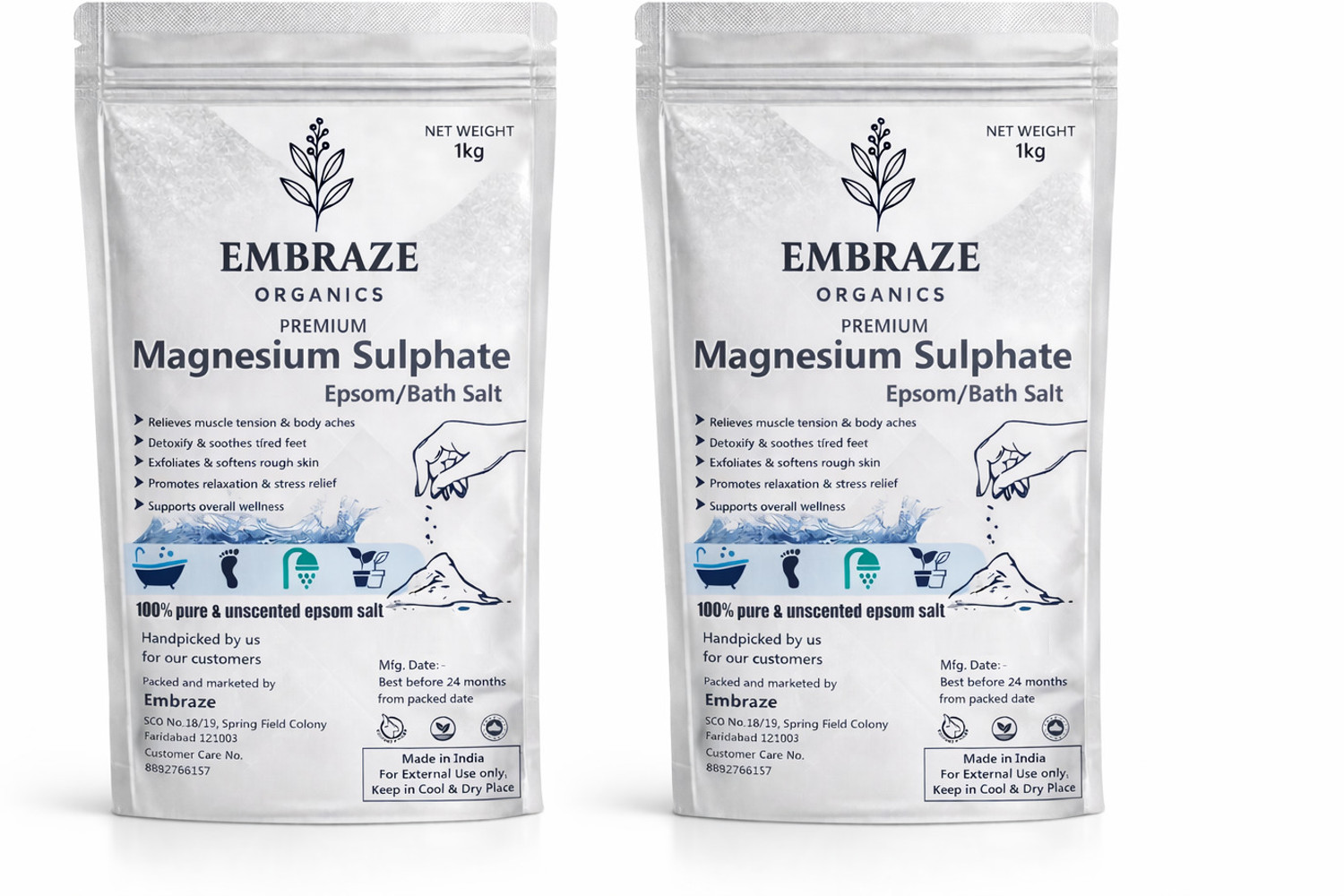 Image of EMBRAZE ORGANICS Epsom Bath Salt Crystals for Muscle Pain & Foot Soak Relief (1kgX2)