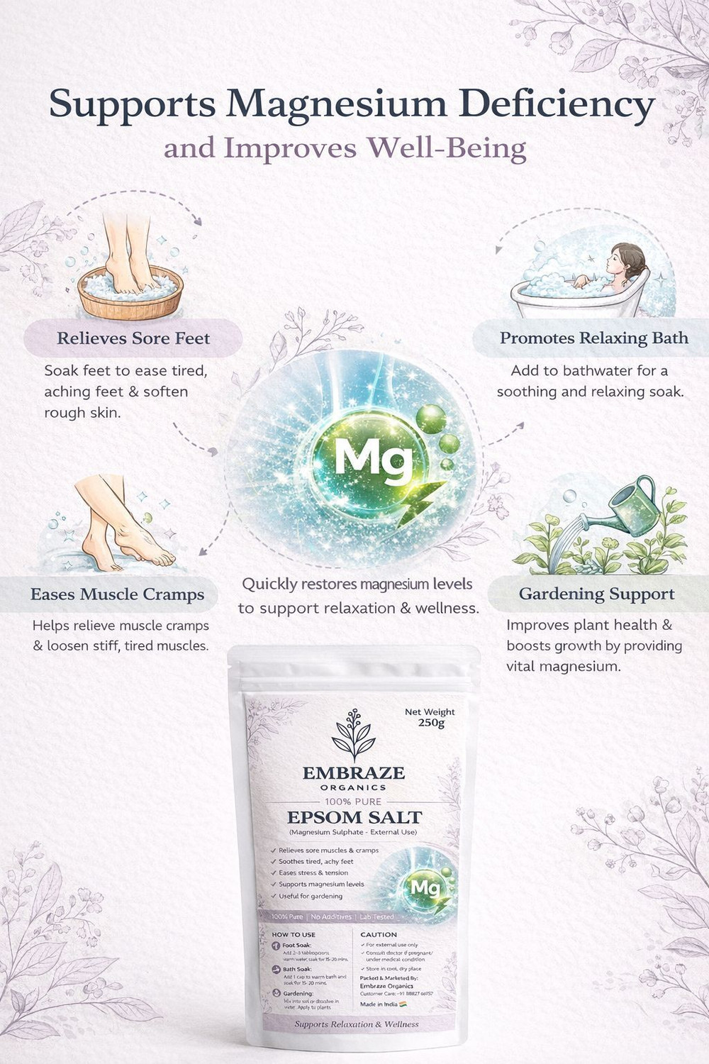 Image of EMBRAZE ORGANICS Epsom Bath Salt Crystals for Muscle Pain & Foot Soak Relief (1kgX2)