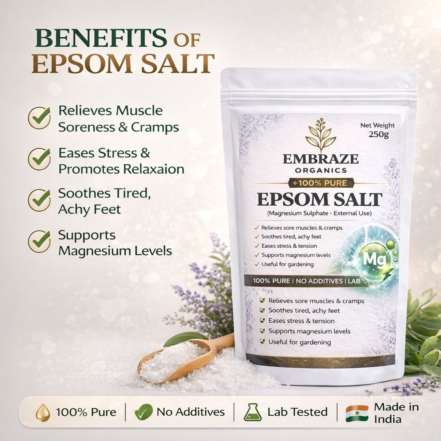 Image of EMBRAZE ORGANICS Epsom Bath Salt Crystals for Muscle Pain & Foot Soak Relief (1kgX2)
