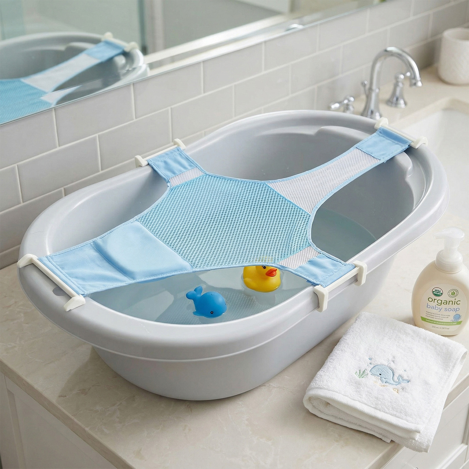 Image of SYGA Bath Seat Support Net Non-Slip Bathtub Sling Shower Mesh Bathing Cradle Rings for Tub (Blue) Baby Bath Seat