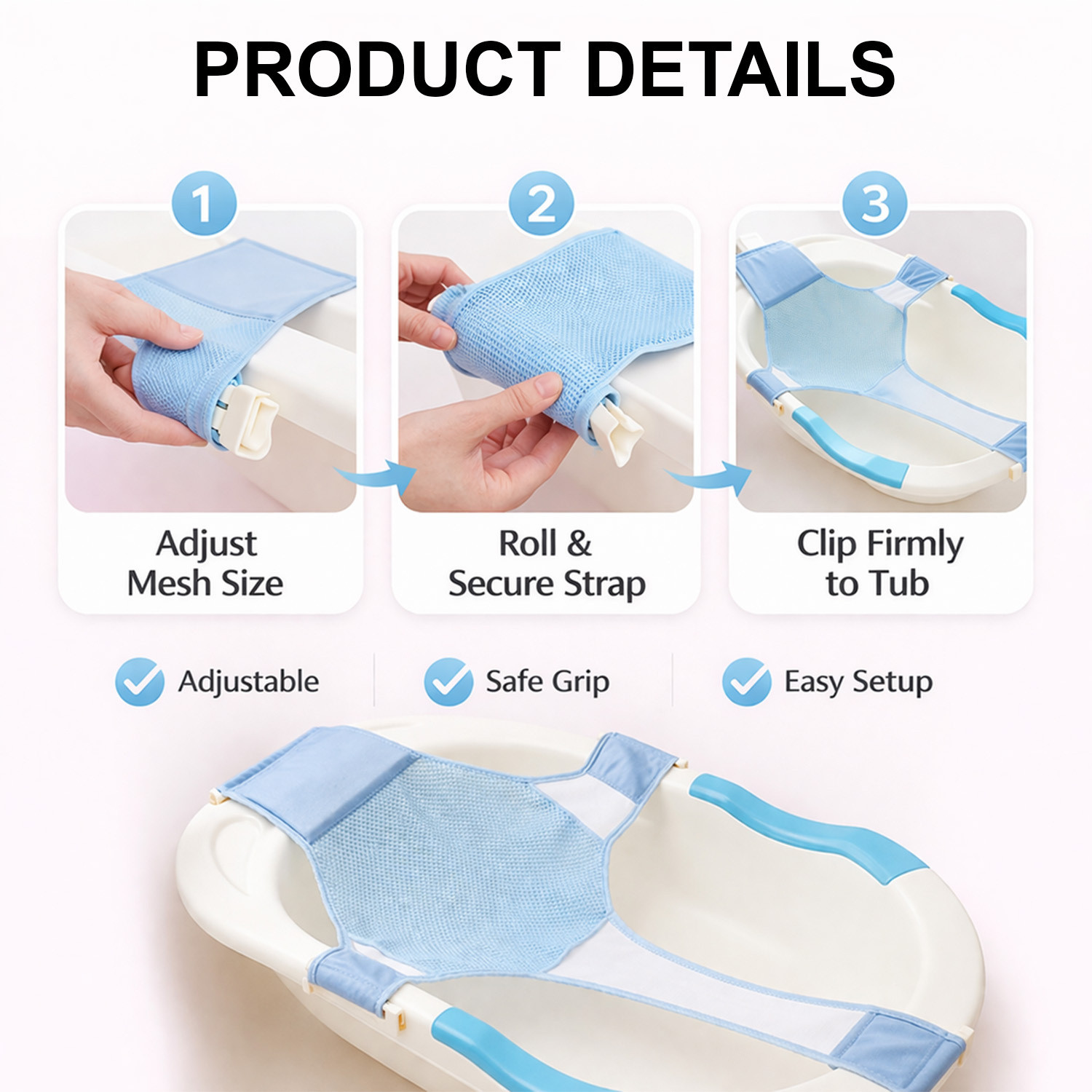 Image of SYGA Bath Seat Support Net Non-Slip Bathtub Sling Shower Mesh Bathing Cradle Rings for Tub (Blue) Baby Bath Seat