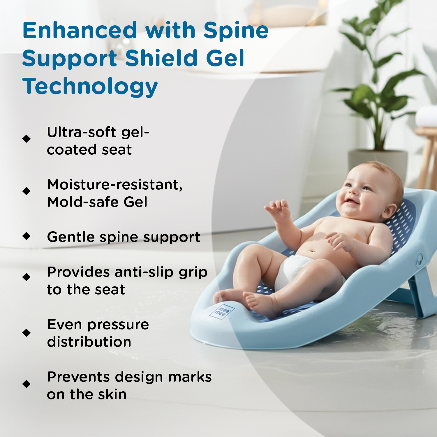 Image of MeeMee Mini Spa Baby Bath Chair with Spine Support Gel Shield & Adjustable Recline Baby Bath Seat (Blue)