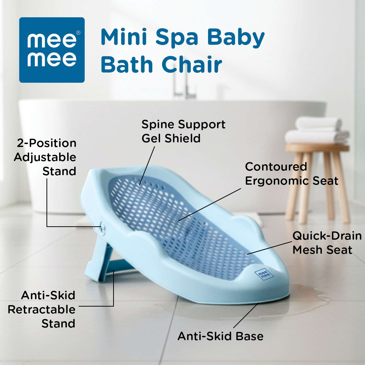Image of MeeMee Mini Spa Baby Bath Chair with Spine Support Gel Shield & Adjustable Recline Baby Bath Seat (Blue)