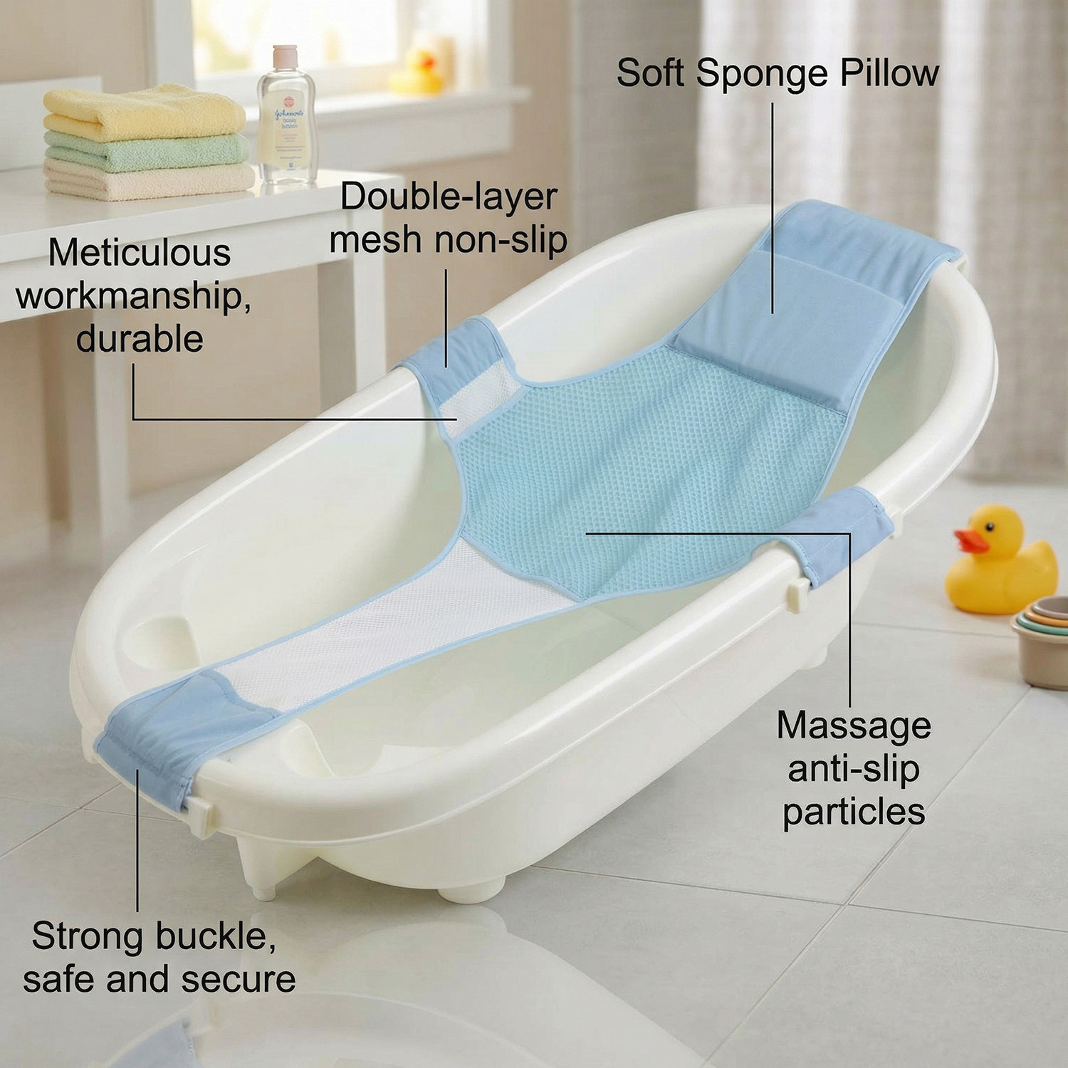 Image of SYGA Bath Seat Support Net Non-Slip Bathtub Sling Shower Mesh Bathing Cradle Rings for Tub (Blue) Baby Bath Seat